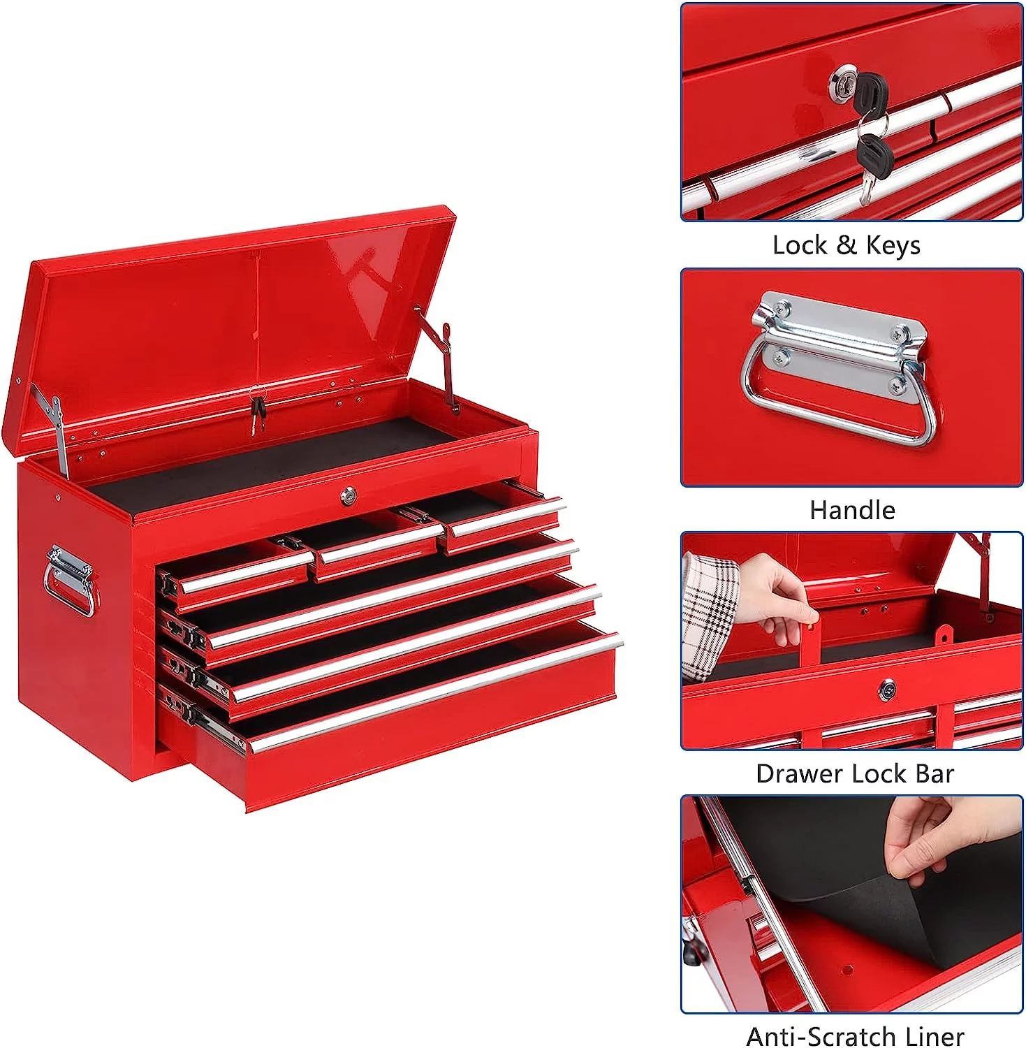 TUFFIOM 8-Drawer Rolling Tool Chest w/Lock & Key, Tool Storage Cabinet w/Wheels, Detachable Top, Drawers, Side Hooks & Drawer Liners, Tool Organizer Box for Garage, Warehouse & Repair Shop - Inhomebuy