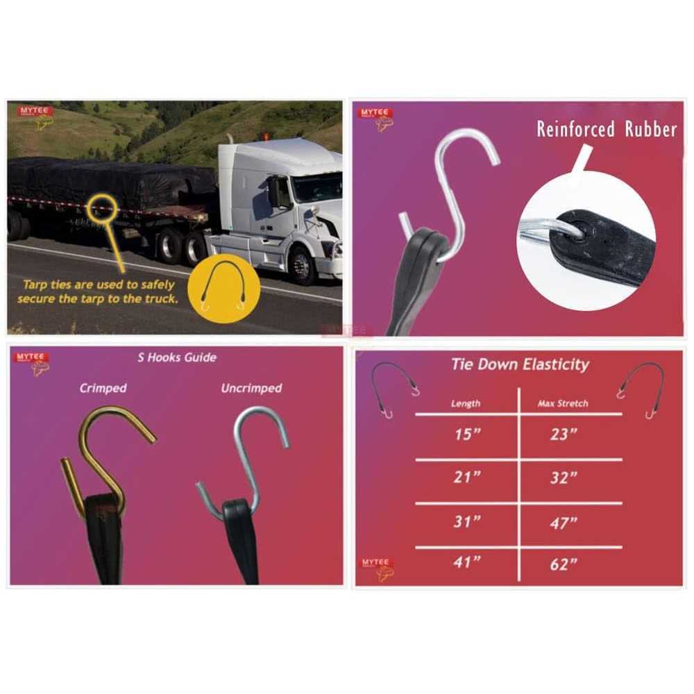 Mytee Products Natural Rubber Tarp Bungee Straps 50 Pack Heavy-Duty Rubber Tie Down Bungee Straps With Crimped S Hooks - Inhomebuy