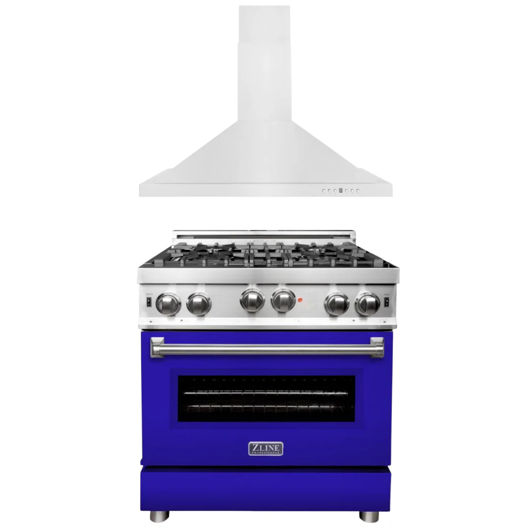 ZLINE 30 in. Gas Range with Blue Matte Door & 30 in. Range Hood Appliance Package, 2KP-RGBMRH30 - Inhomebuy