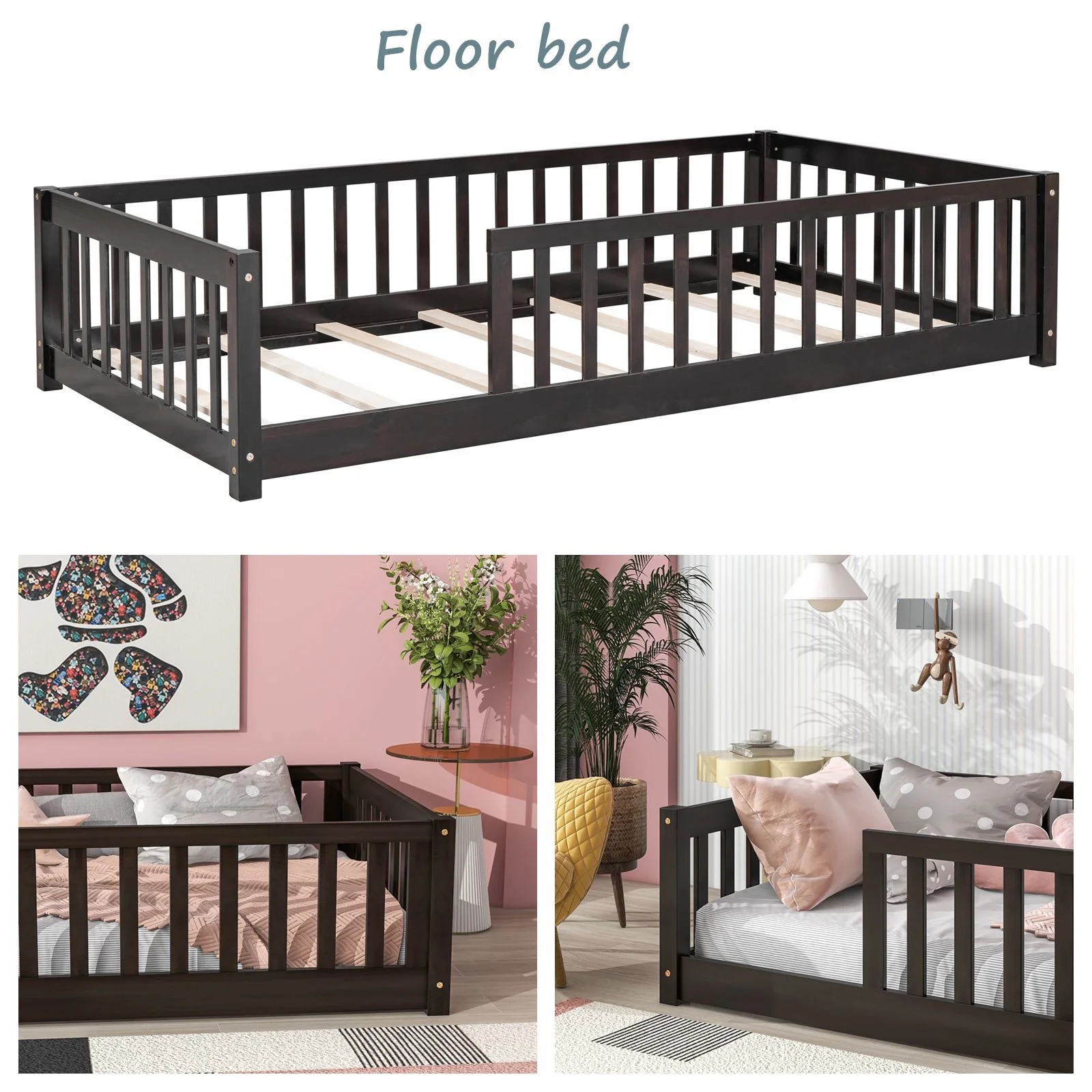 Twin Floor Bed Frame for Toddler, Montessori Floor Bed with Fence and Wood Slats, Low Wood Platform Beds for Girls Boys Kids Happy Time, White - Inhomebuy