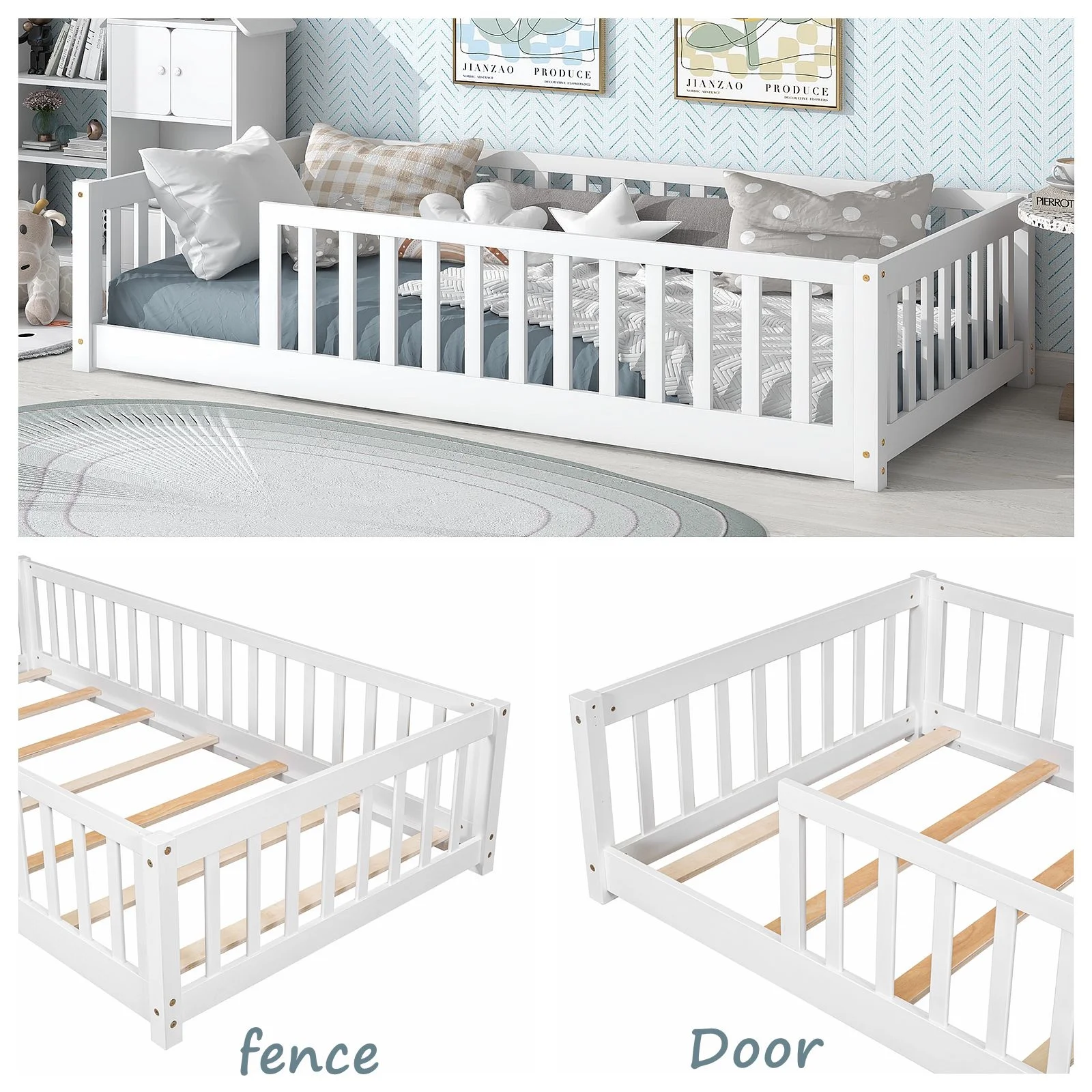 Twin Floor Bed Frame for Toddler, Montessori Floor Bed with Fence and Wood Slats, Low Wood Platform Beds for Girls Boys Kids Happy Time, White - Inhomebuy