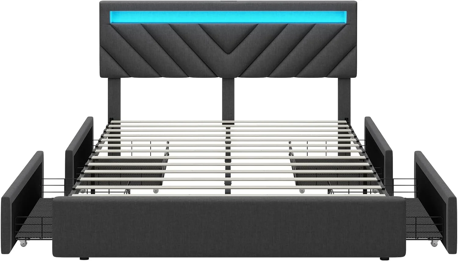 ADORNEVE Queen Size LED Bed Frame with Drawers, Upholstered Platform Bed with 2 USB Charging Station, No Box Spring Needed, Light Grey - Inhomebuy