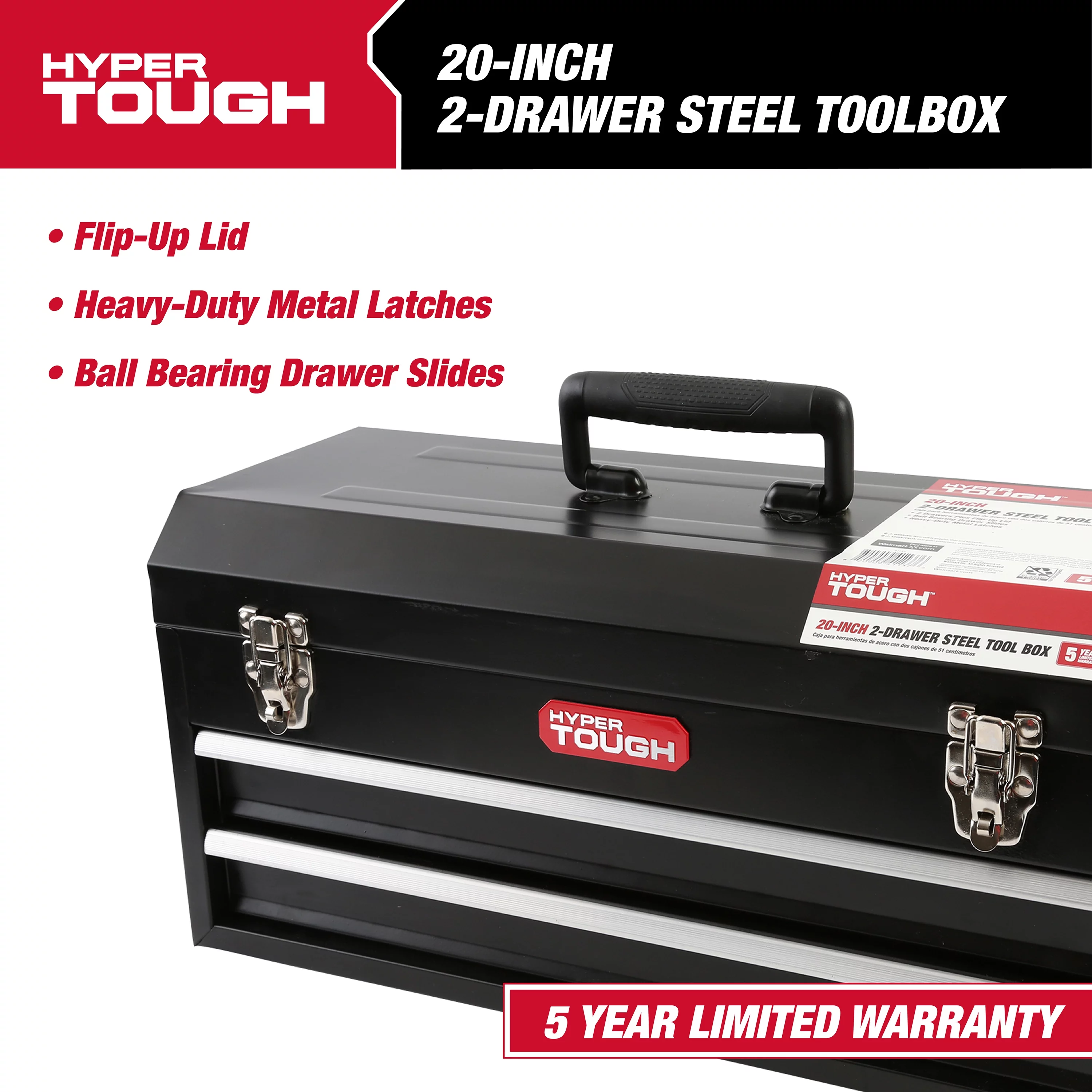 Hyper Tough 20-inch 2-Drawer Tool Box, Tool Chest with Flip-up Lid, Black, Steel - Inhomebuy