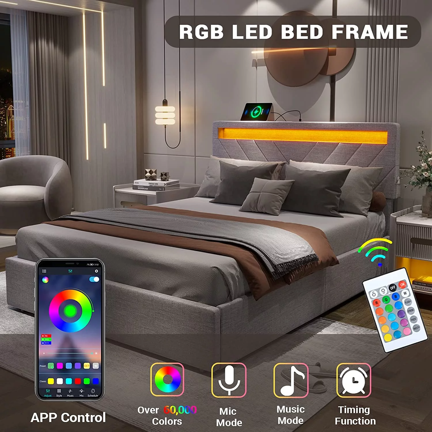 ADORNEVE Queen Size LED Bed Frame with Drawers, Upholstered Platform Bed with 2 USB Charging Station, No Box Spring Needed, Light Grey - Inhomebuy