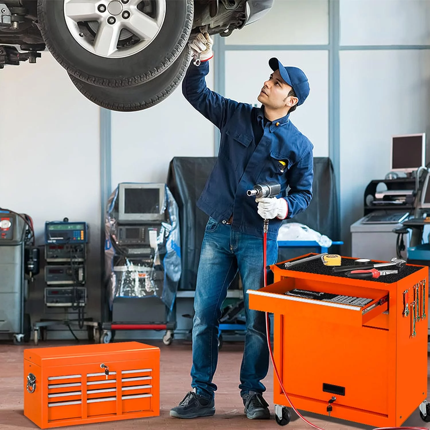 2-IN-1  Tool Chest & Cabinet, Large Capacity 8-Drawer Rolling Tool Box Organizer with Wheels Lockable Craft, Black - Inhomebuy