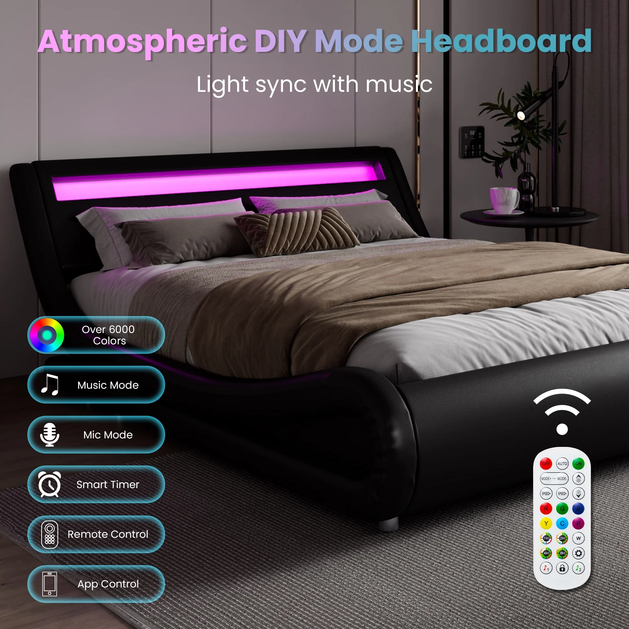 Amolife Queen Size Wave-Like Curve Deluxe Upholstered Modern Bed Frame with LED Headboard, Black - Inhomebuy