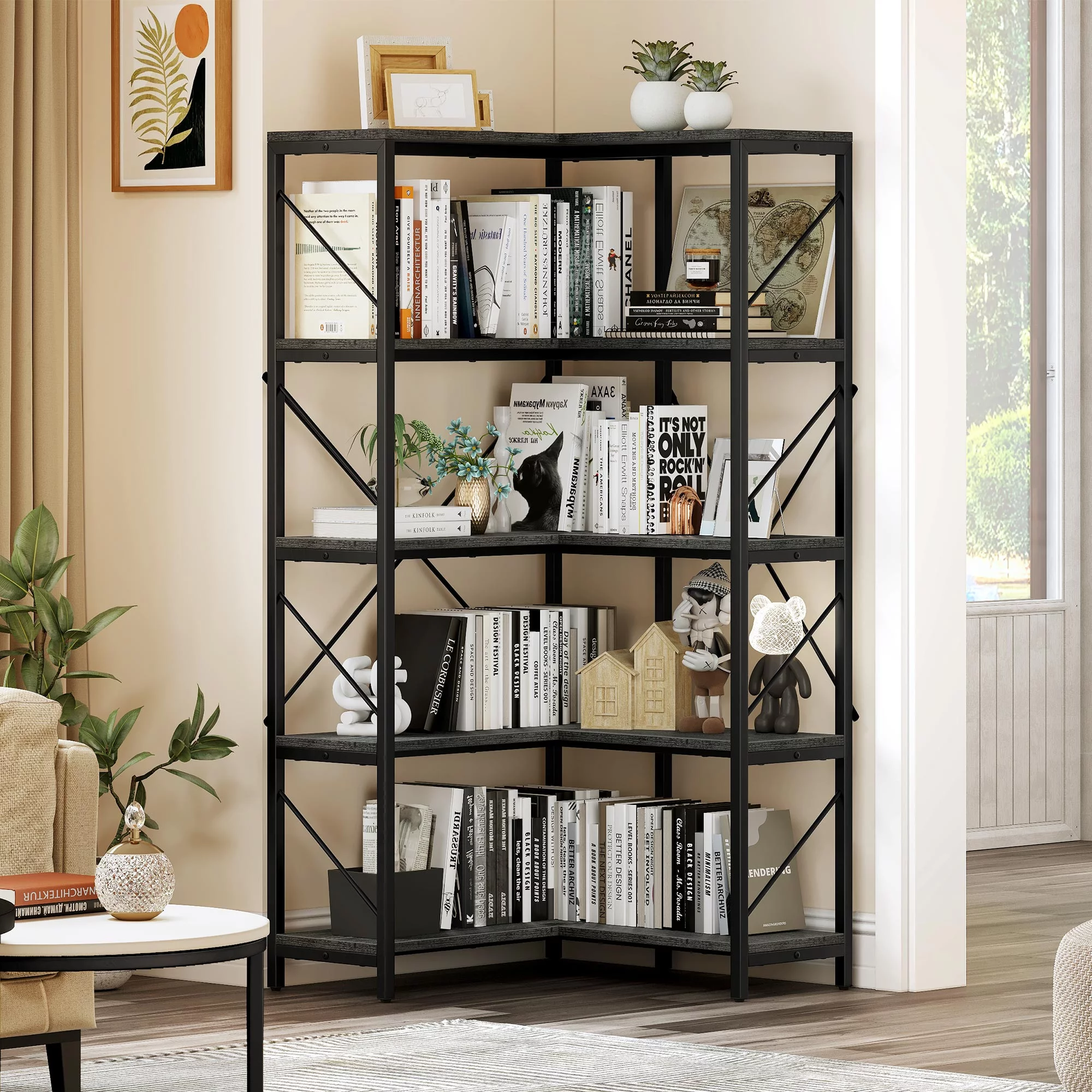 5-Tier L-Shaped Bookcase Storage Organizer, Tall Corner Bookshelf Open Display Freestanding Storage,Dark Gray - Inhomebuy