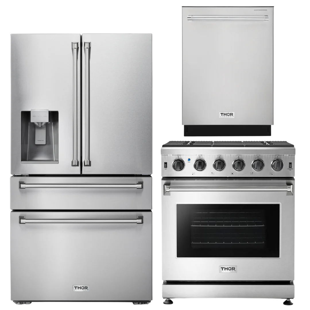 Thor Kitchen 30 in. Propane Gas Range, 36 in. Refrigerator with Water and Ice Dispenser, 24 in. Dishwasher, AP-LRG3001ULP-9 - Inhomebuy