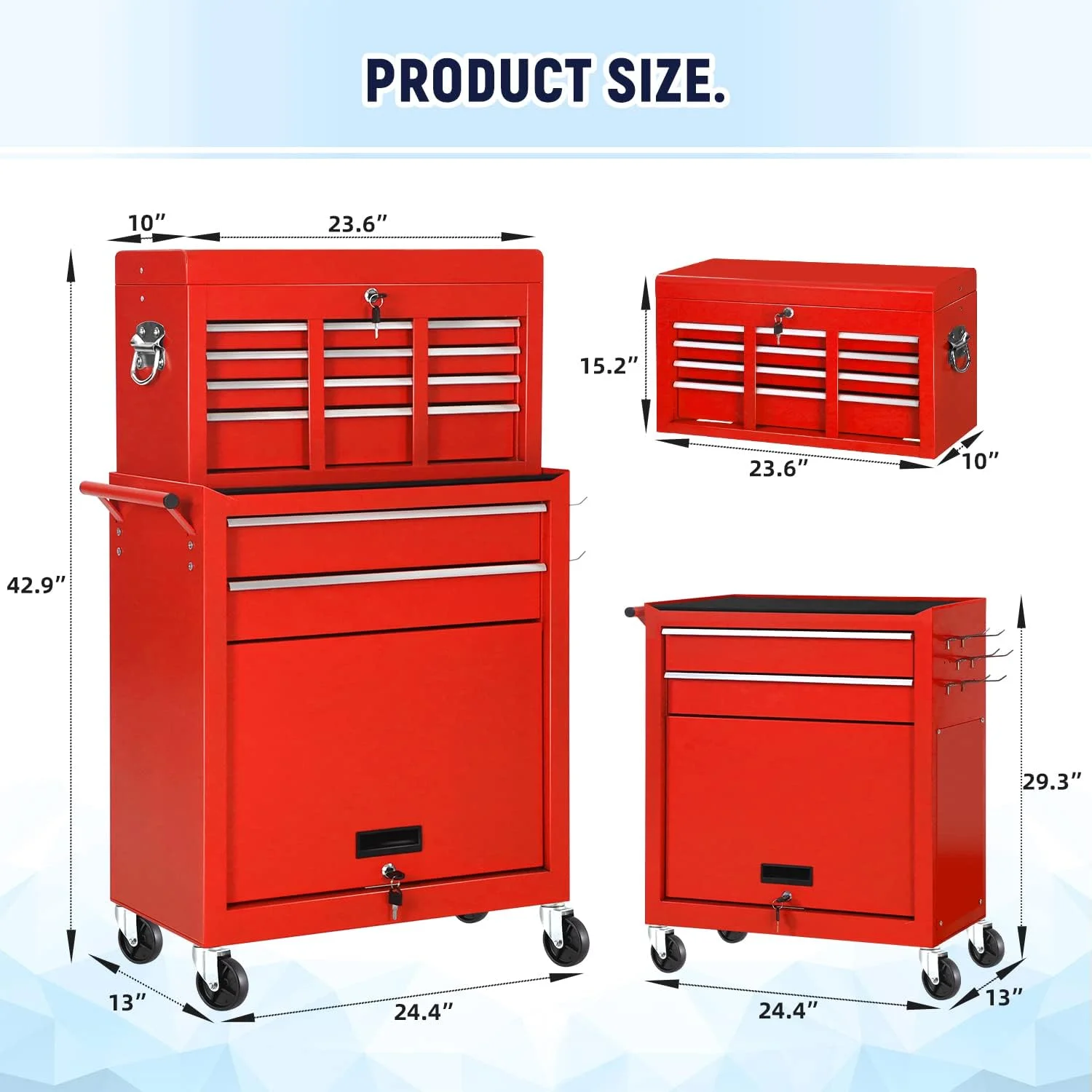 8-Drawer Rolling Tool Chest Metal Tool Box Lockable Storage Cabinet with Wheels, Black - Inhomebuy