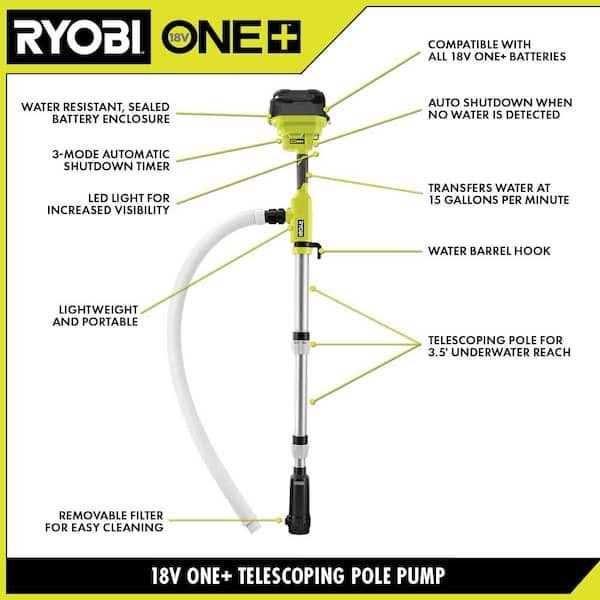 RYOBI ONE+ 18V Cordless 1/6 HP Telescoping Pole Pump with 2.0 Ah Battery and Charger - Inhomebuy