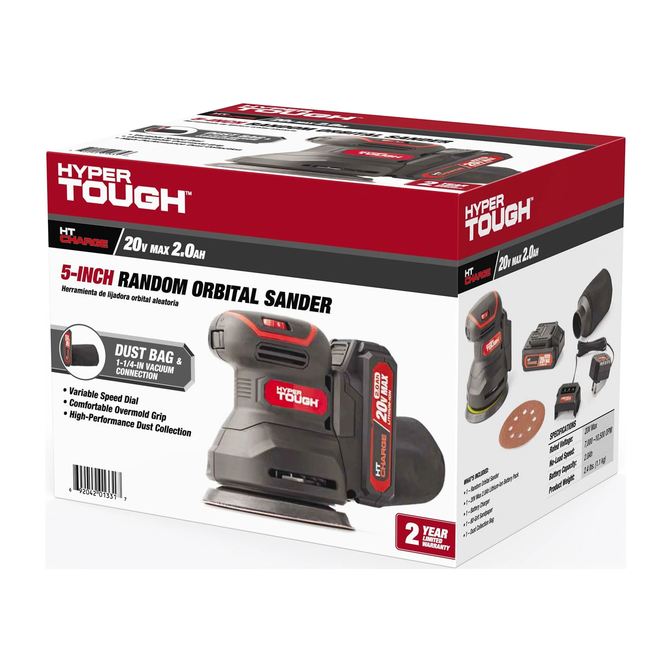 Hyper Tough 20V 2.0Ah Battery Powered 5-inch Cordless Random Orbital Sander, 6604.3 - Inhomebuy