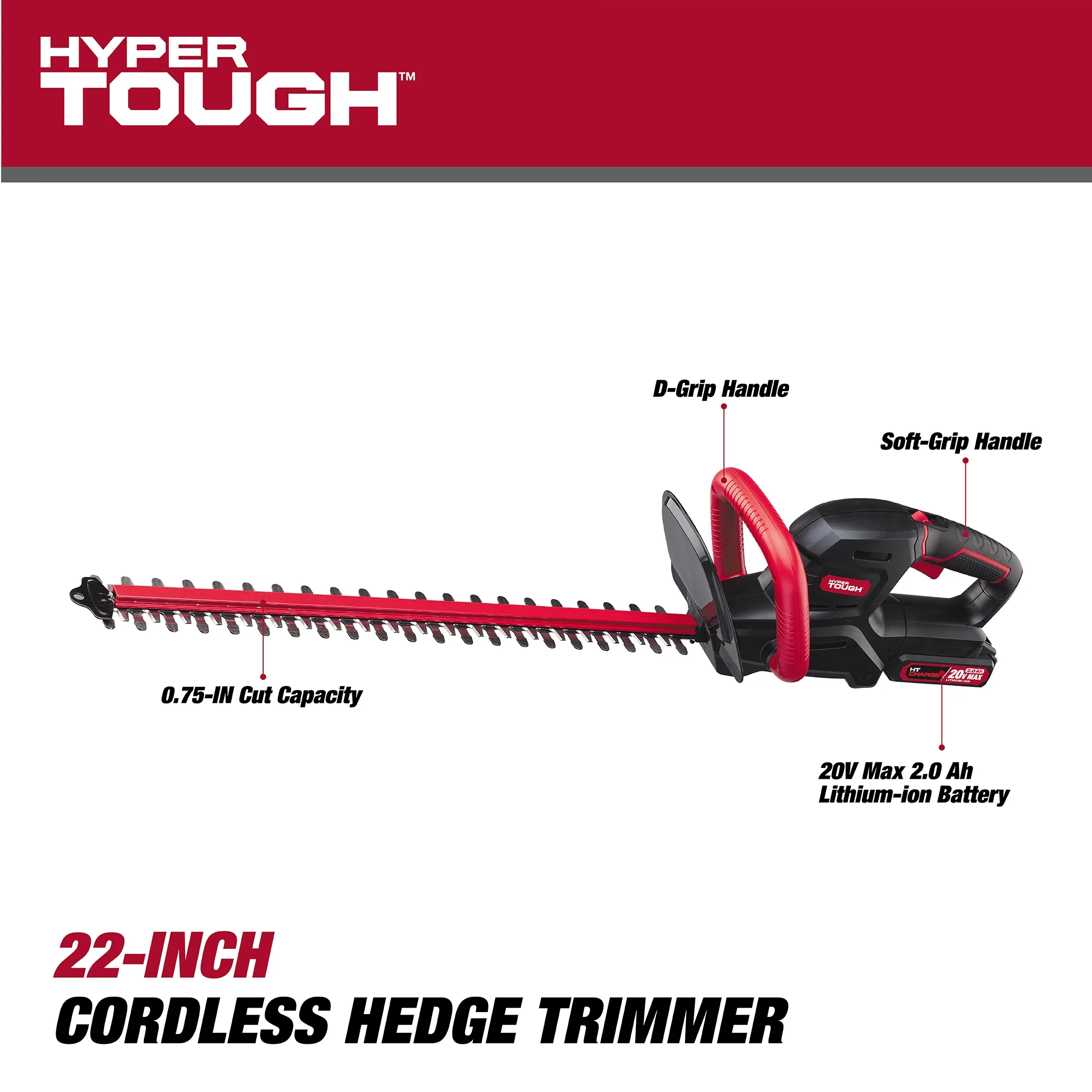Hyper Tough 20V Max 22-inch Cordless Battery Powered Hedge Trimmer, HT21-401-003-07 - Inhomebuy