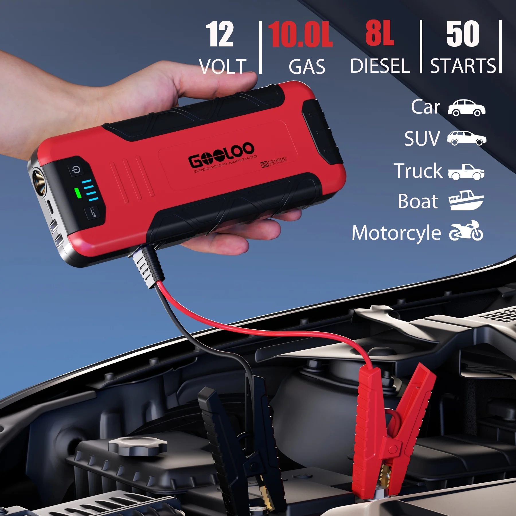 GOOLOO Car Battery Jump Starter,4500A Peak Jump Starter with USB Quick Charge (for 10L Gas or Up to 8L Diesel),GE4500 12V Jumper Pack with LED Light Powerful - Inhomebuy