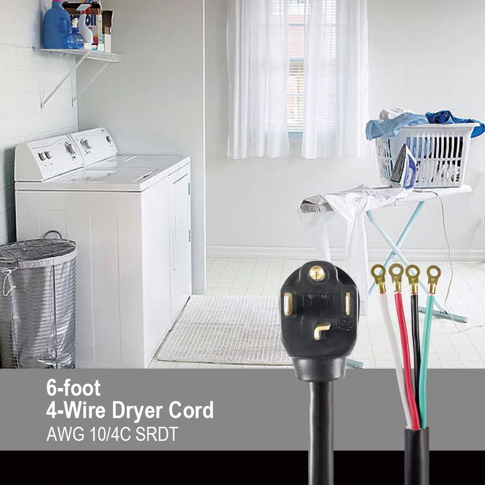 Hyper Tough 6FT 10AWG 4 Prong Black Dryer Appliance Cord - Inhomebuy