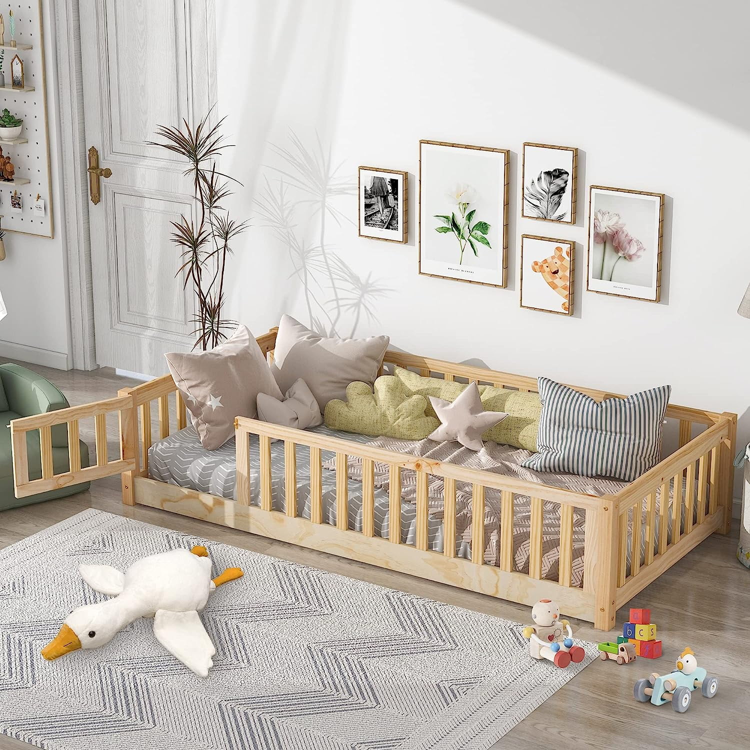 Twin Floor Bed Frame for Toddler, Montessori Floor Bed with Fence and Wood Slats, Low Wood Platform Beds for Girls Boys Kids Happy Time, White - Inhomebuy