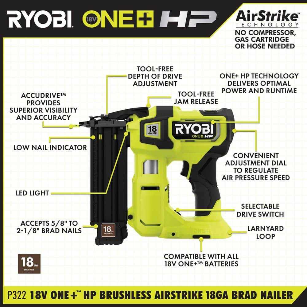 RYOBI ONE+ HP 18V 18-Gauge Brushless Cordless AirStrike Brad Nailer Battery and - Inhomebuy