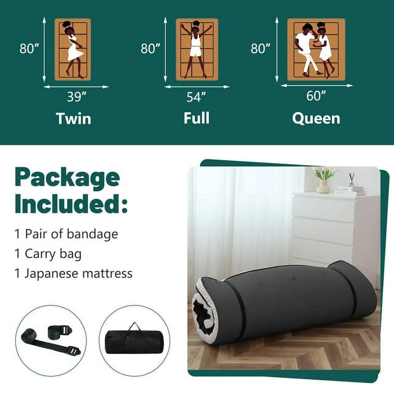 ABORON Japanese Floor Mattress, Upgraded Reversible Winter Futon Mattress Foam Mattress, 4