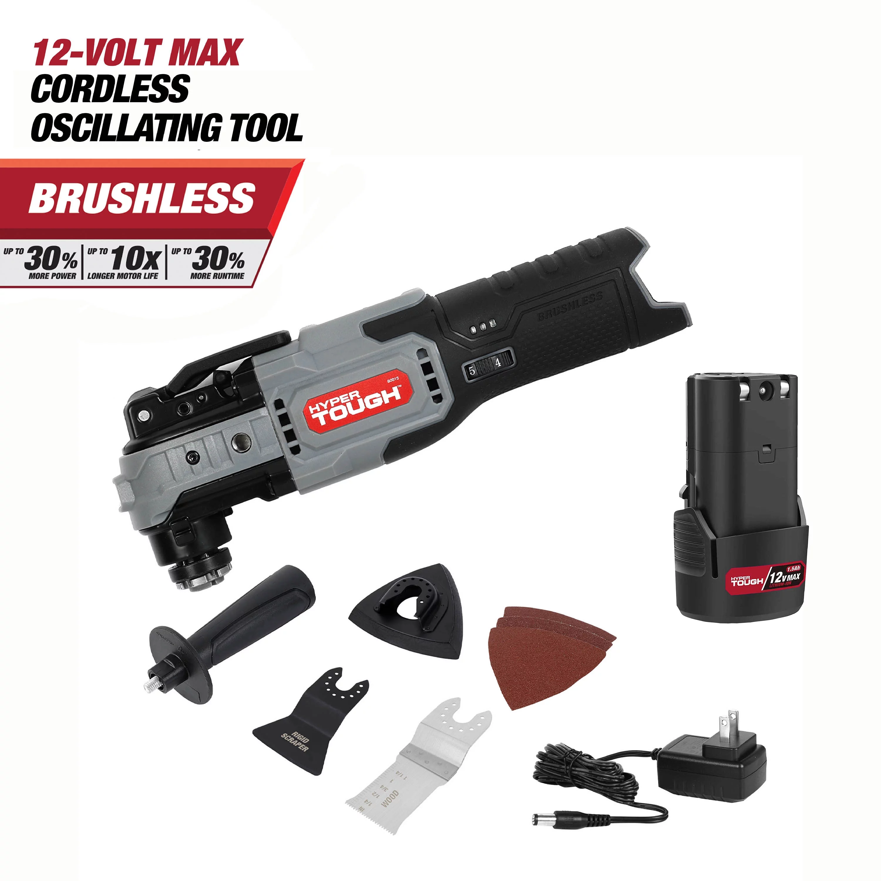 Hyper Tough 12V Max Lithium-Ion Brushless Oscillating Multi-Tool with 1.5Ah Battery and Charger, 80015 - Inhomebuy