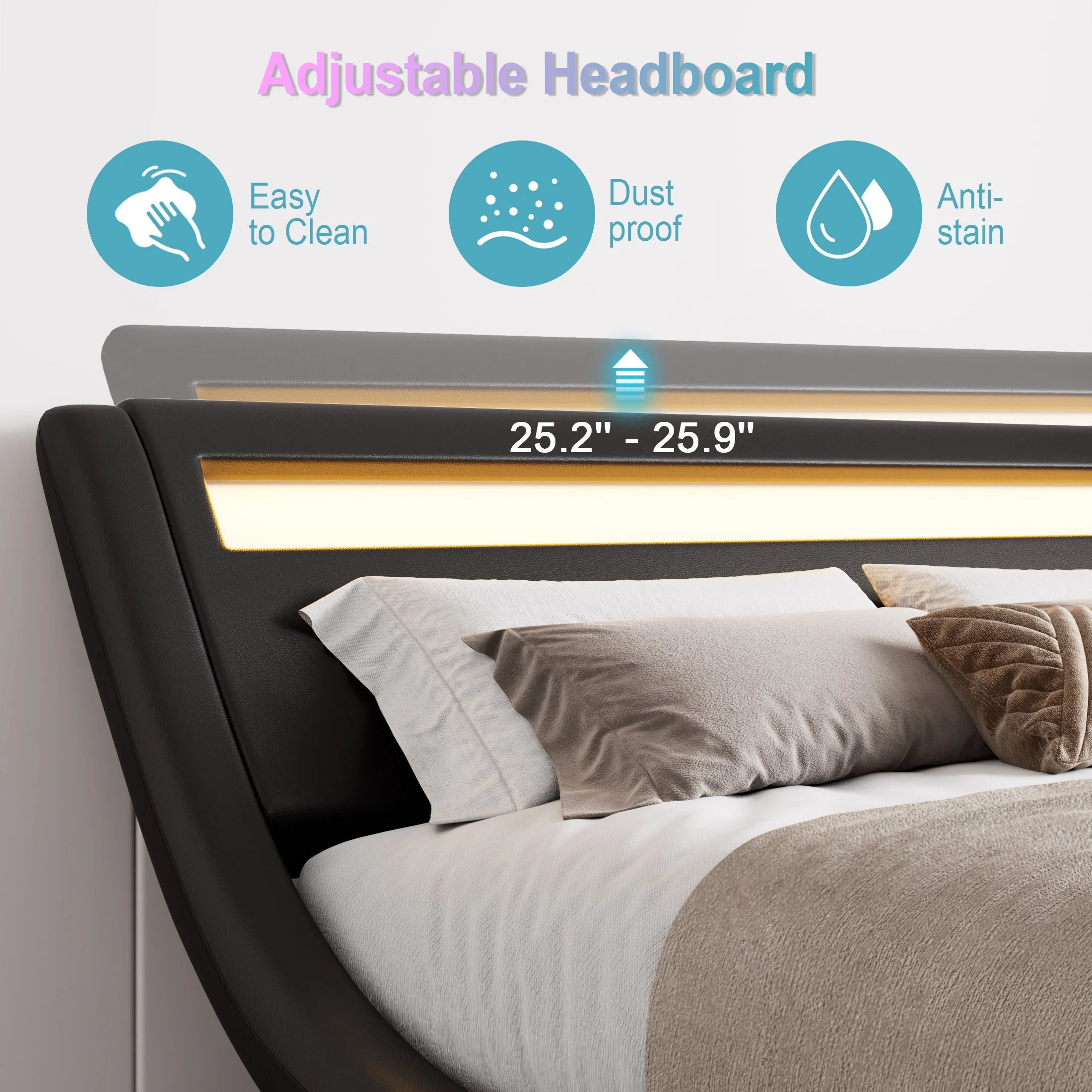 Amolife Queen Size Wave-Like Curve Deluxe Upholstered Modern Bed Frame with LED Headboard, Black - Inhomebuy