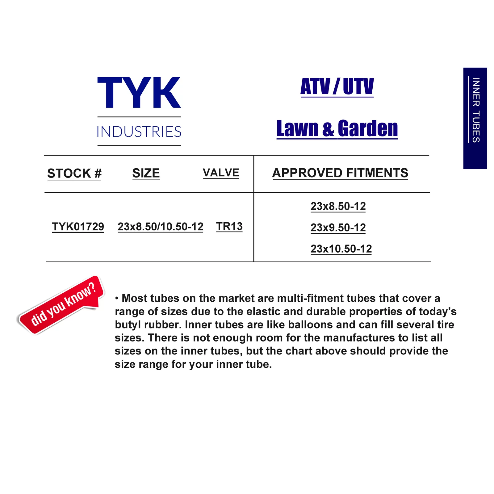 Pair of (2) Two 23x8.50-12, 23x9.50-12, 23x10.50-12 Lawn Mower Tire Inner Tubes with TR13 Valve Stems by TYK Industries - Inhomebuy