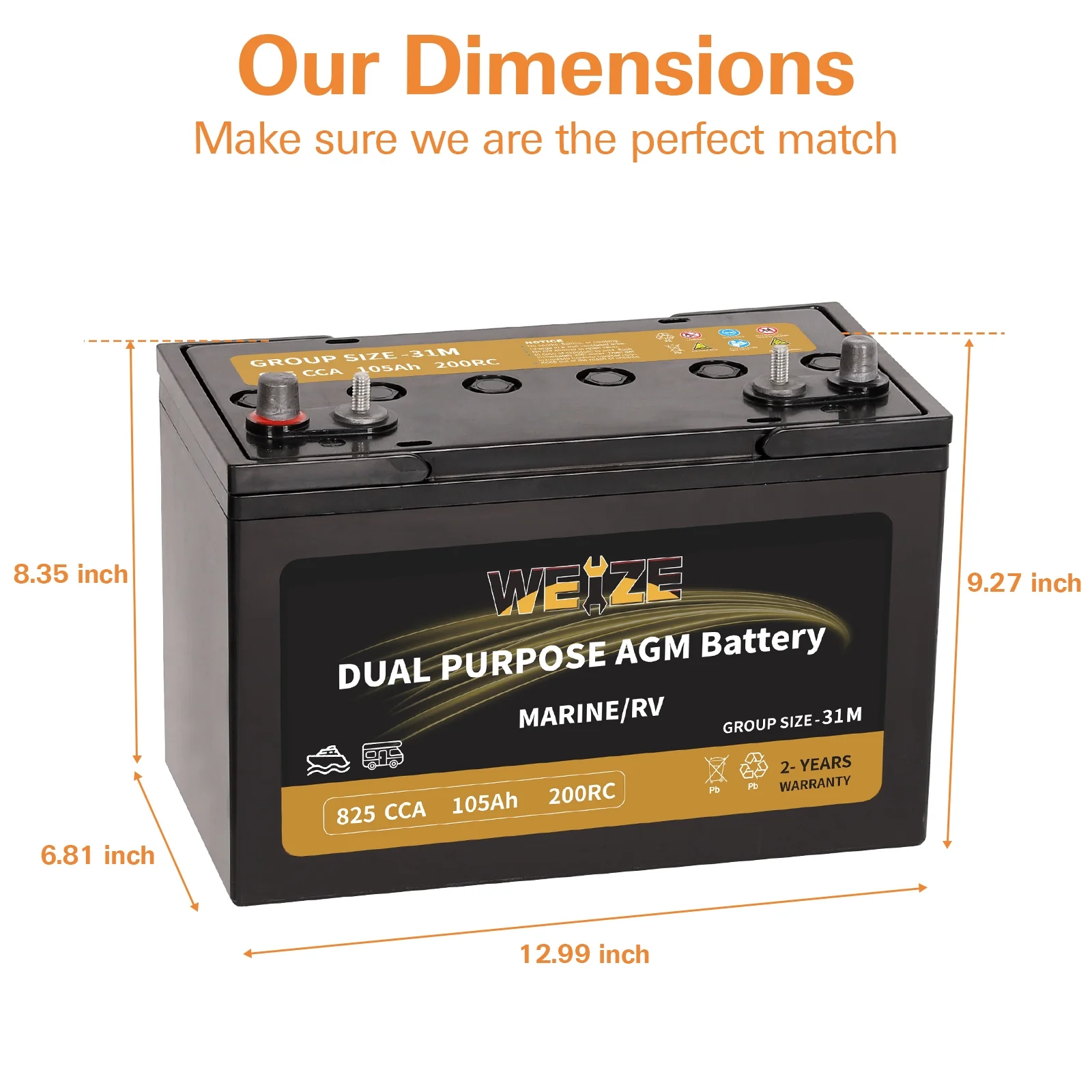 Weize 12V 80AH Dual Purpose AGM Battery, 150RC 550CCA BCI Group 24M Starter & Deep Cycle Sealed Marine & RV Battery - Inhomebuy