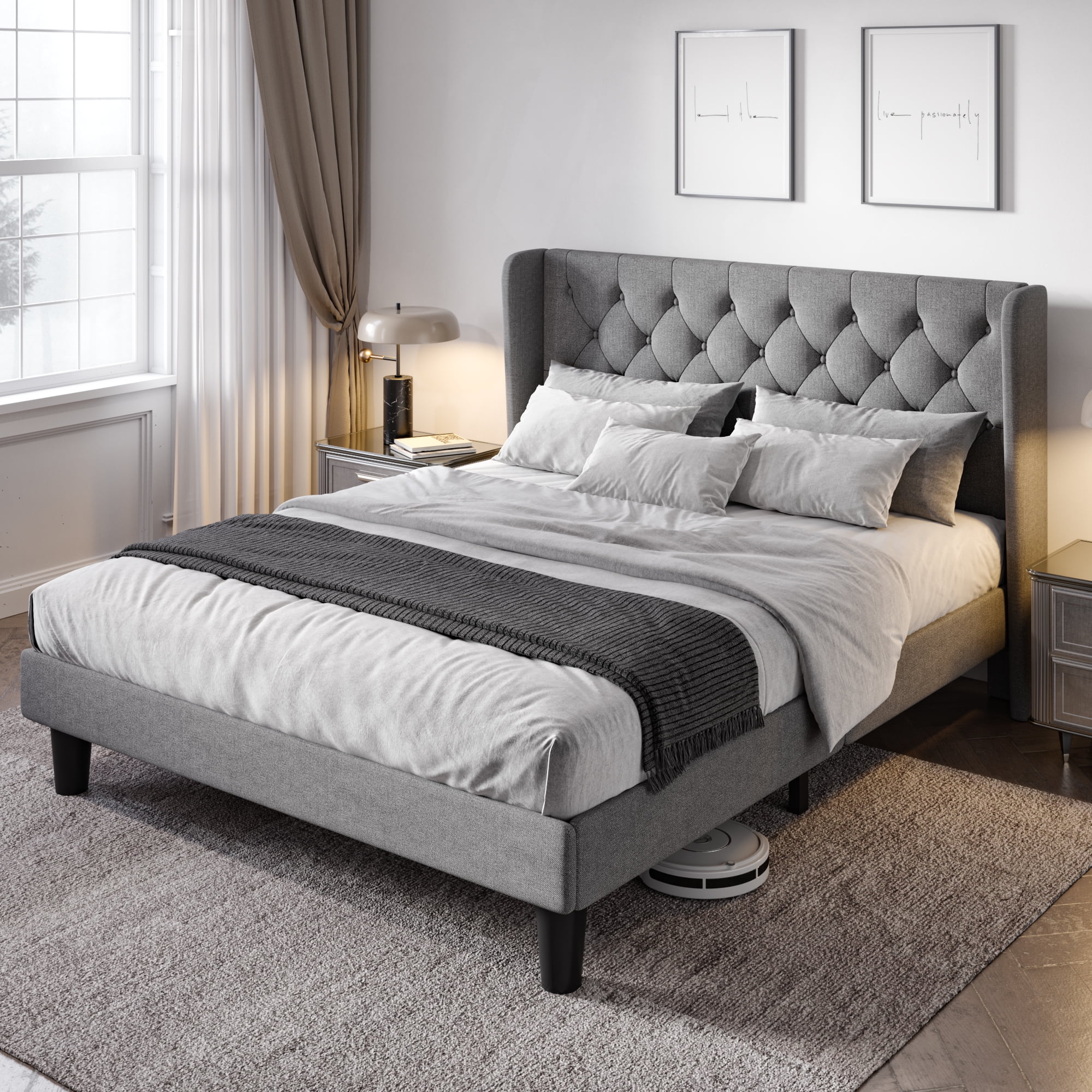Allewie Queen Size Upholstered Platform Bed Frame with Wingback and Button Tufted Headboard, Dark Grey - Inhomebuy