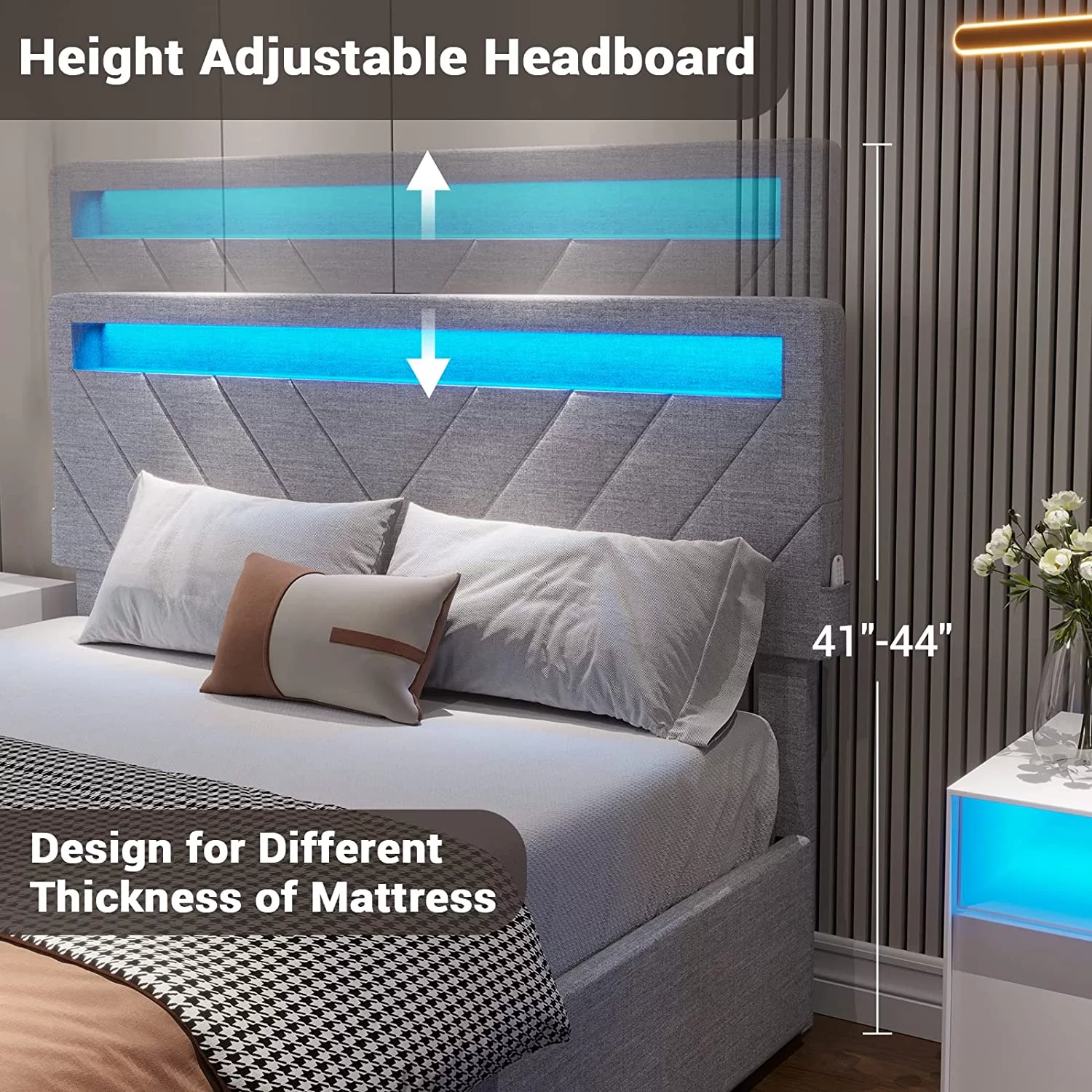 Afuhokles Queen Bed Frame with LED Lights Headboard, 4 Drawers,2 USB Charging Station, Upholstered Platform Bed, Dark Gray - Inhomebuy