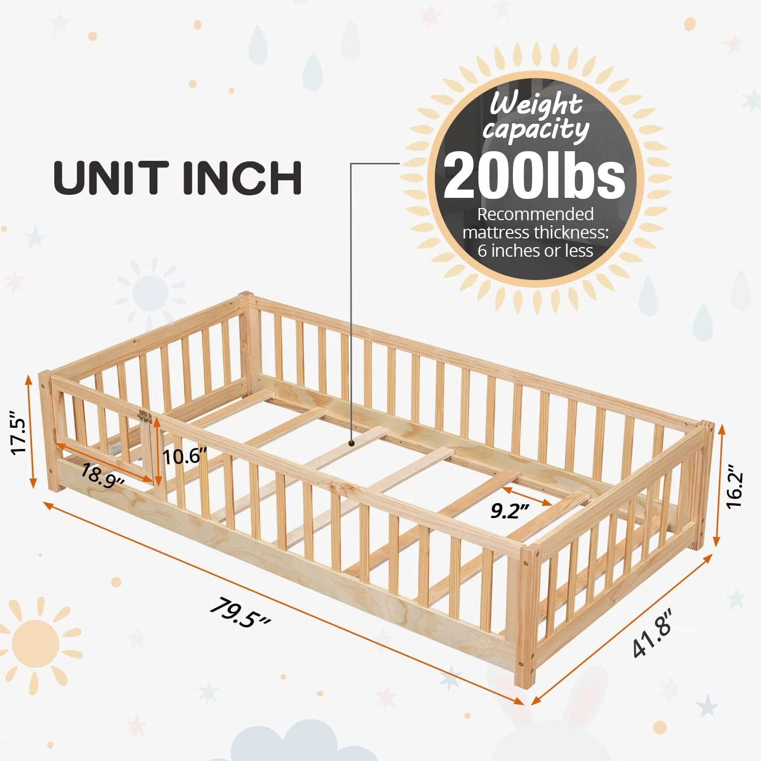 Twin Floor Bed Frame for Toddler, Montessori Floor Bed with Fence and Wood Slats, Low Wood Platform Beds for Girls Boys Kids Happy Time, White - Inhomebuy