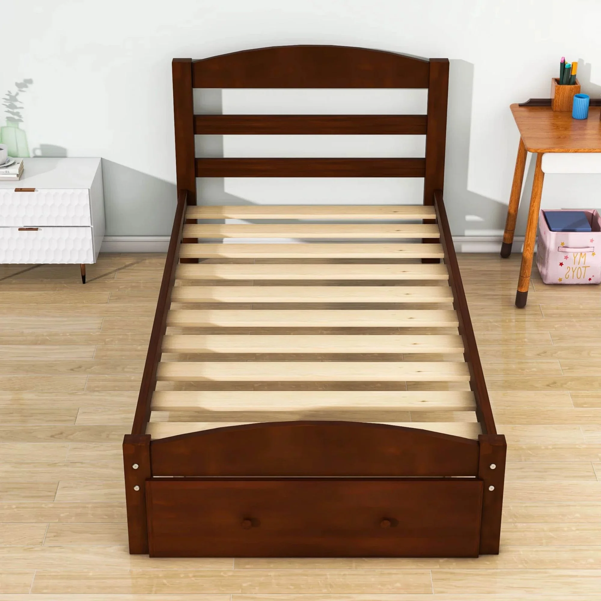Twin Bed for Kids with Storage Drawer, Upgrade Pine Wood Bed Frame with Headboard and Footboard, Modern Kids Bed Furniture for Bedroom, Holds 275 lb, No Box Spring Needed, White - Inhomebuy