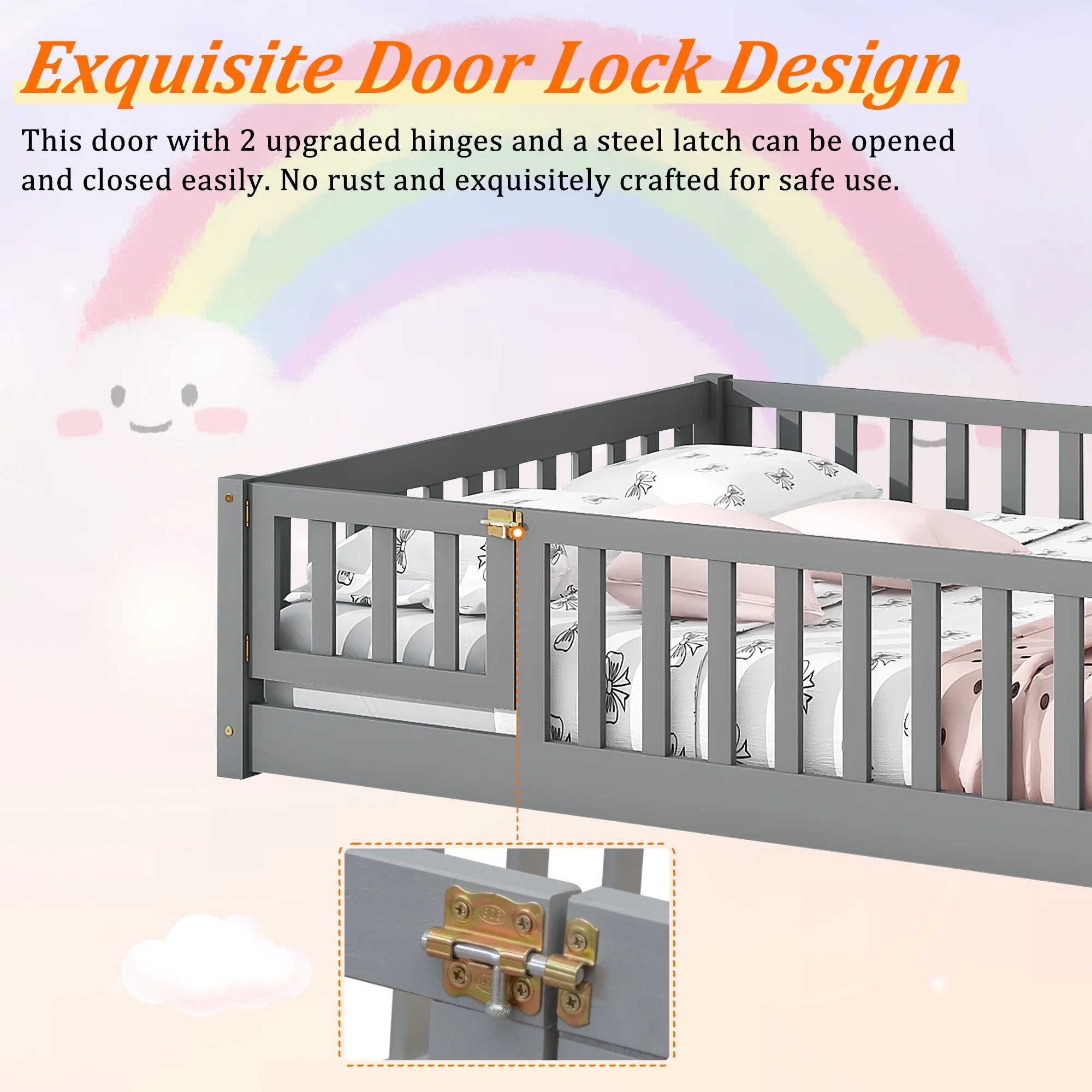 uhomepro Kids Toddler Bed with Fence and Door, Full Size Platform Bed Floor Bed, Wood Bed Frame No Box Spring Needed, Gray - Inhomebuy