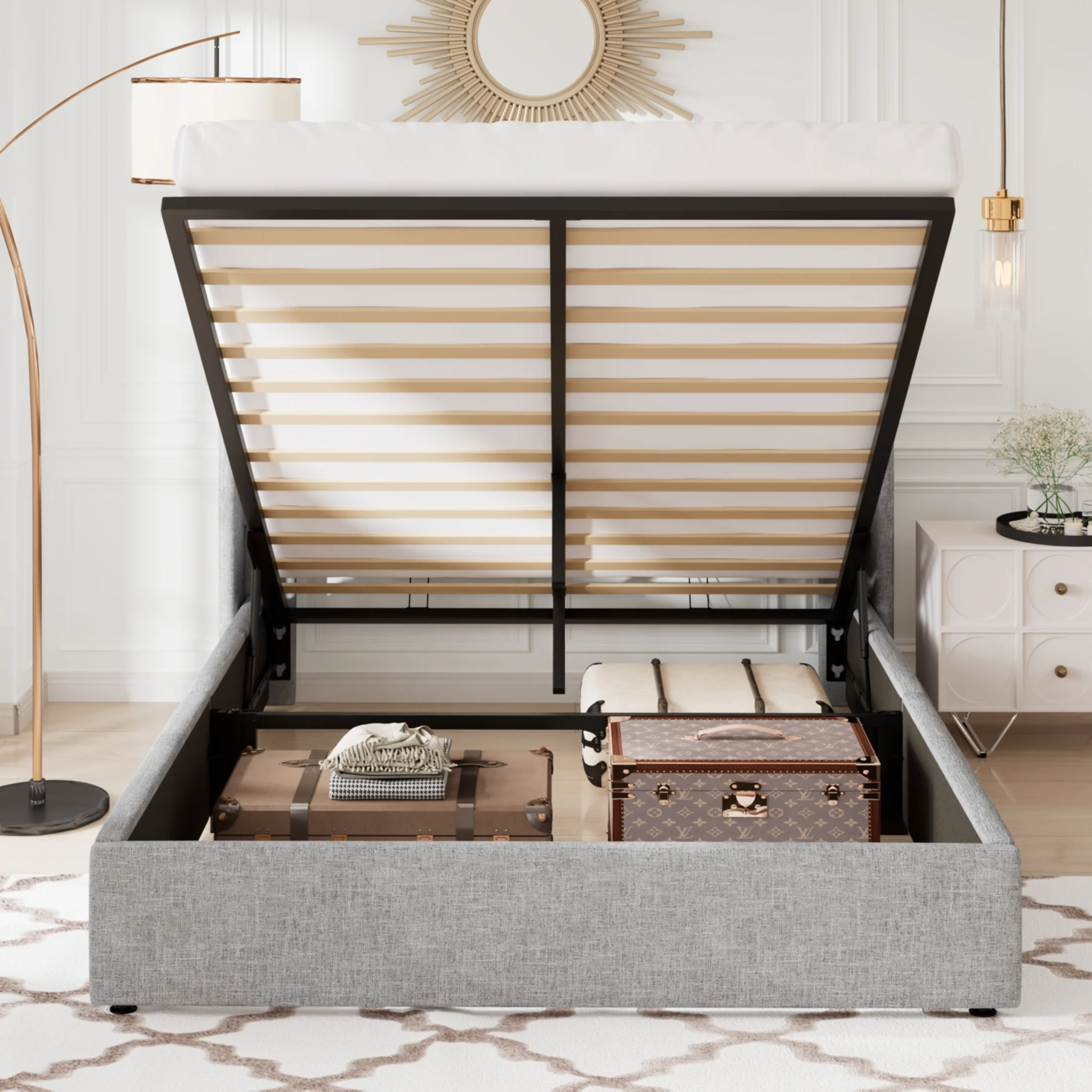 Allewie Queen Size Lift Up Platform Storage Bed Frame with Pannel Wingback Headboard, Light Beige - Inhomebuy