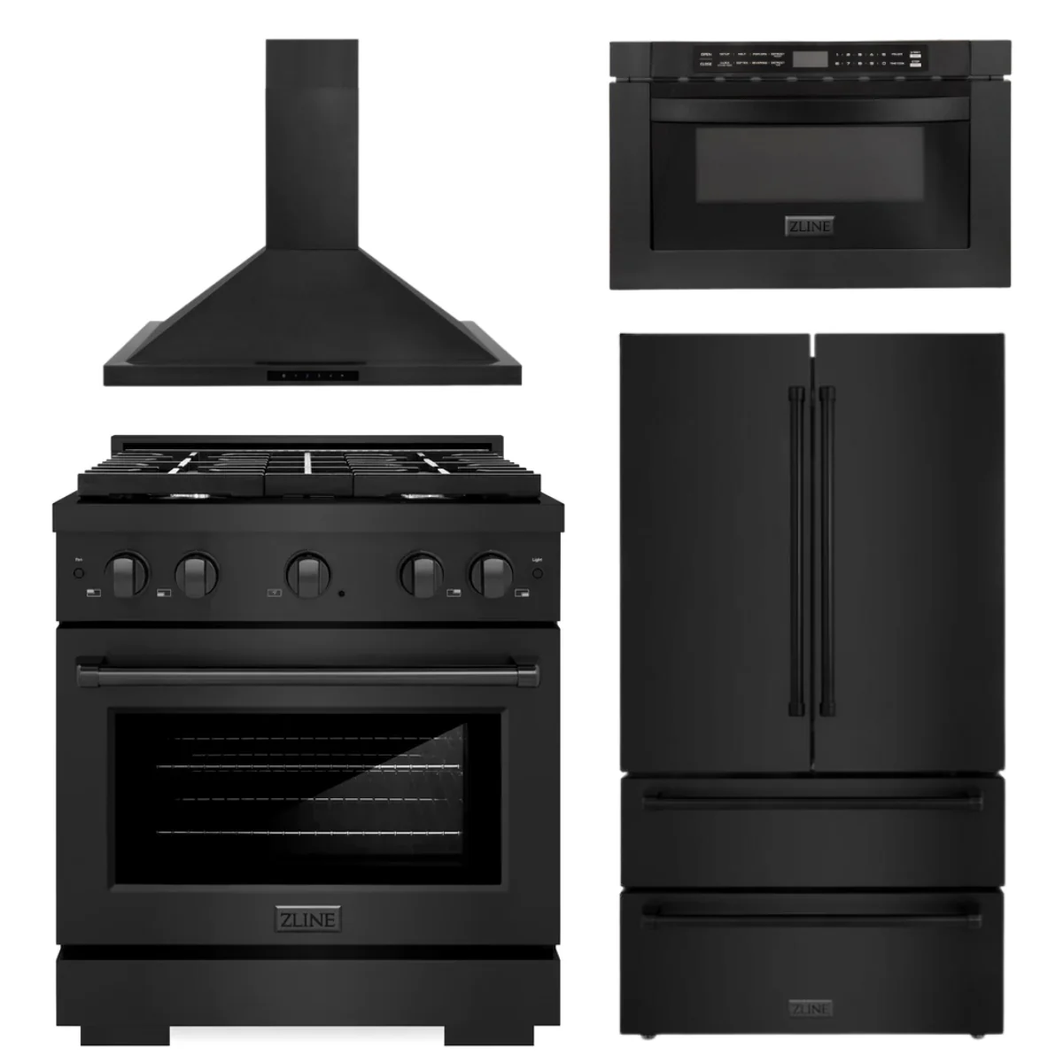 ZLINE Appliance Package - 30 in. Gas Range, Range Hood, Microwave, Refrigerator in Black Stainless, 4KPR-SGRBRH30-MW - Inhomebuy