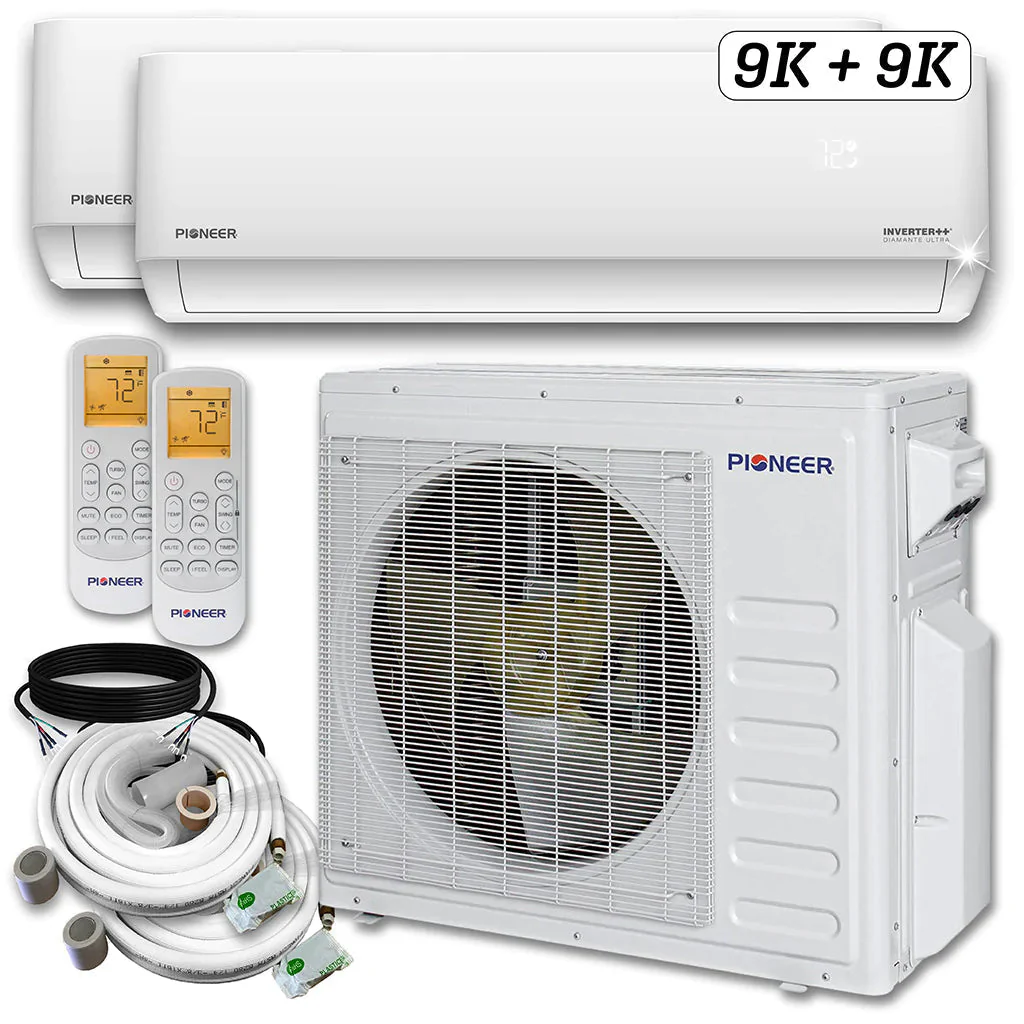 Pioneer® Mini Split 18,000 BTU 2 Zone Ductless Air Conditioner and Heat Pump with 50 ft. Install Kits, WYT020GLHI22M2-9W-9W-50 - Inhomebuy