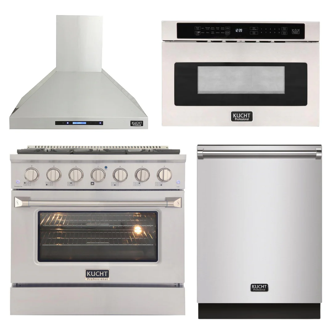 Kucht Professional 36 in. 5.2 cu ft. Natural Gas Range, Range Hood, Dishwasher & Microwave Drawer Package, AP-KNG361-S-4 - Inhomebuy