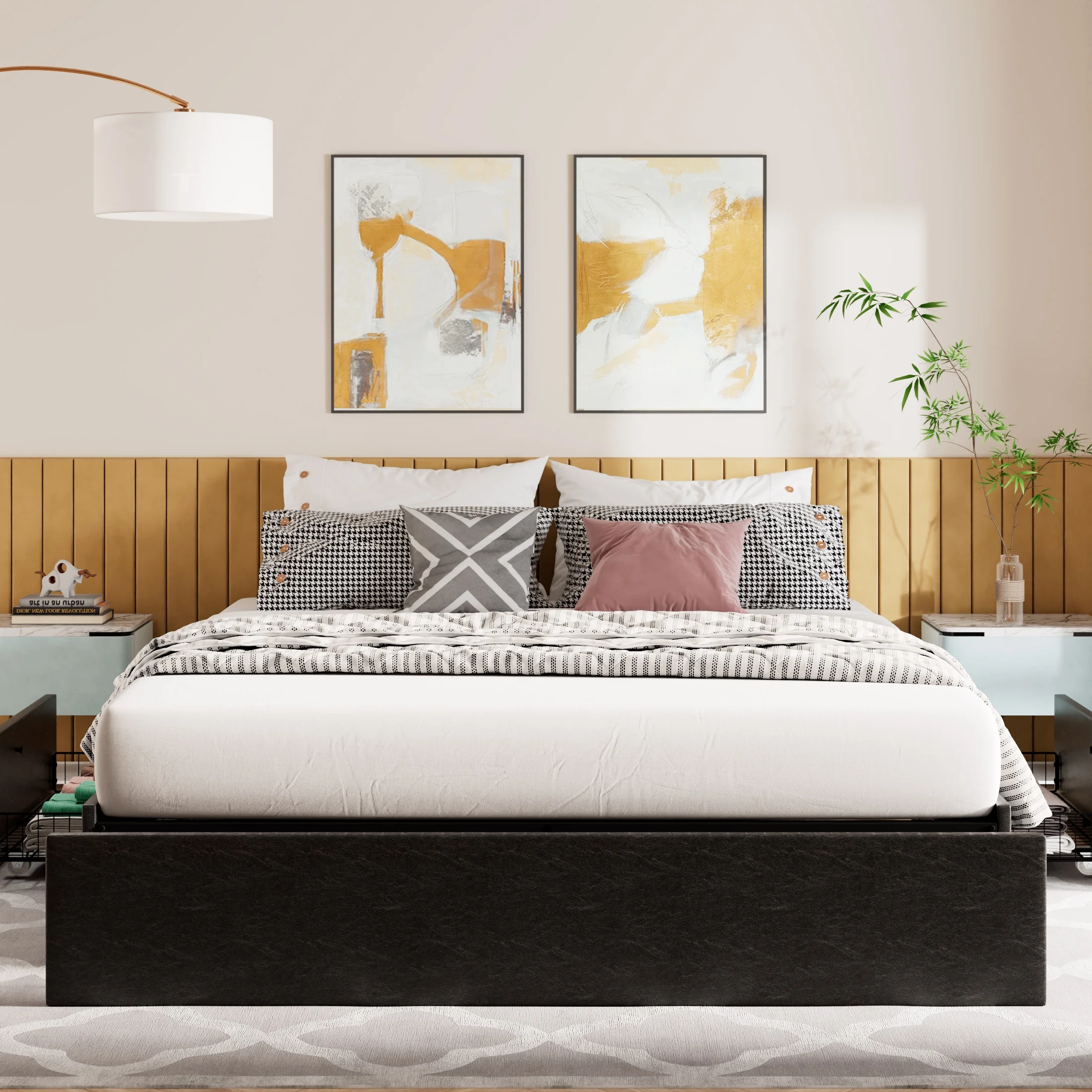 Amolife Queen Size Upholstered Platform Bed Frame with 3 Storage Drawers and Wooden Slats, Dark Grey - Inhomebuy