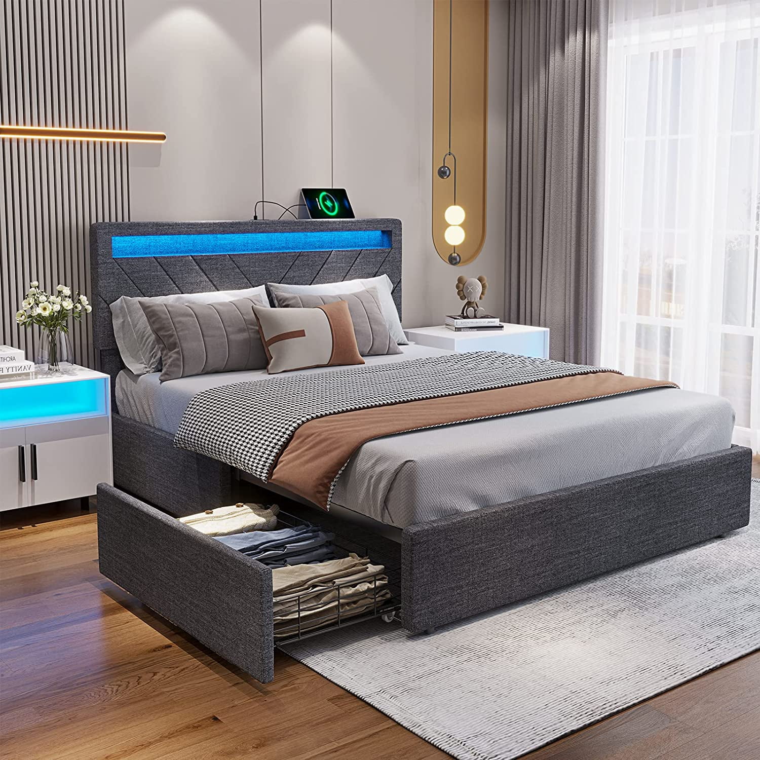 ADORNEVE Queen Size LED Bed Frame with Drawers, Upholstered Platform Bed with 2 USB Charging Station, No Box Spring Needed, Light Grey - Inhomebuy