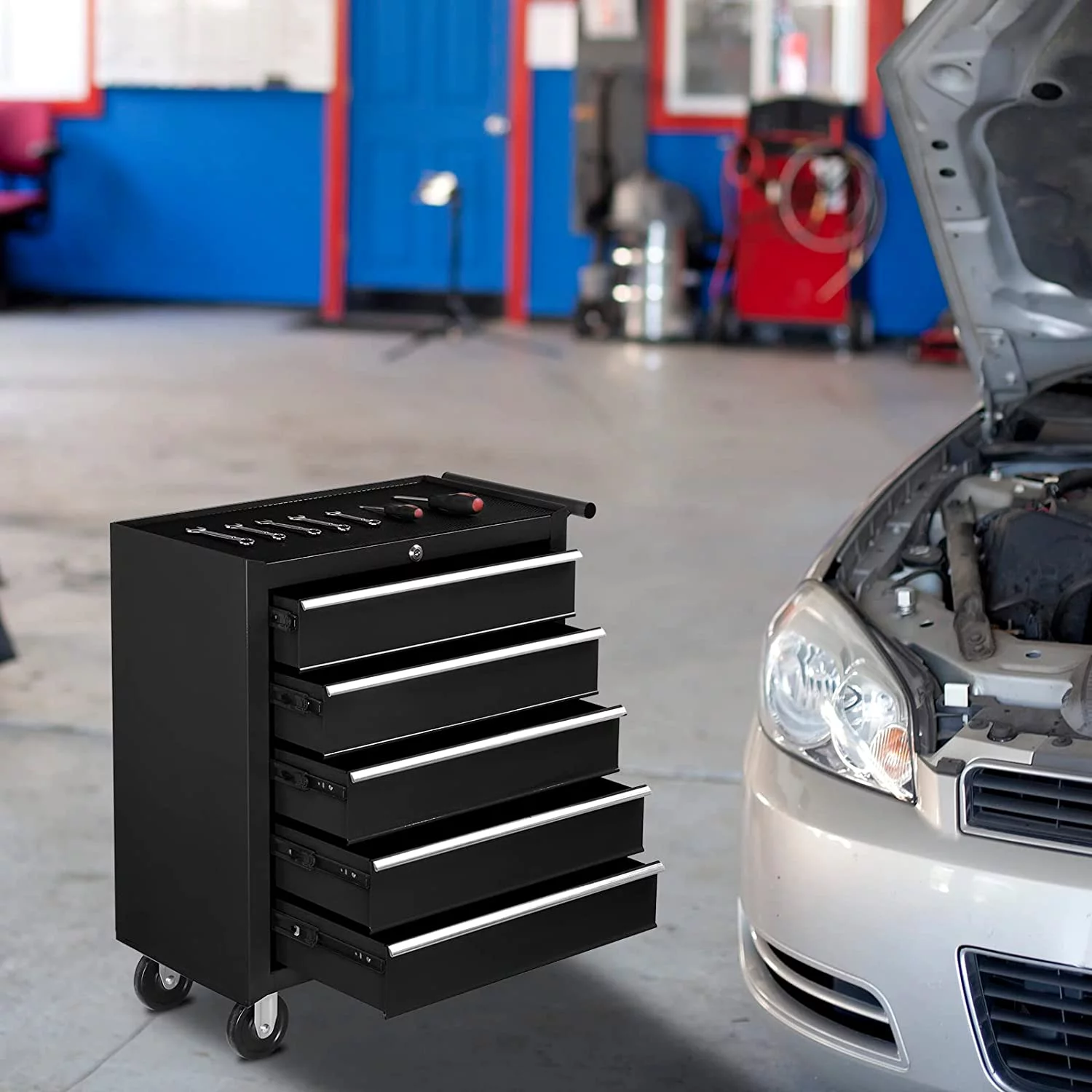 TUFFIOM 5-Drawer Rolling Tool Chest with Lock & Key, Tool Storage Organizer Box Cabinet with Wheels - Inhomebuy