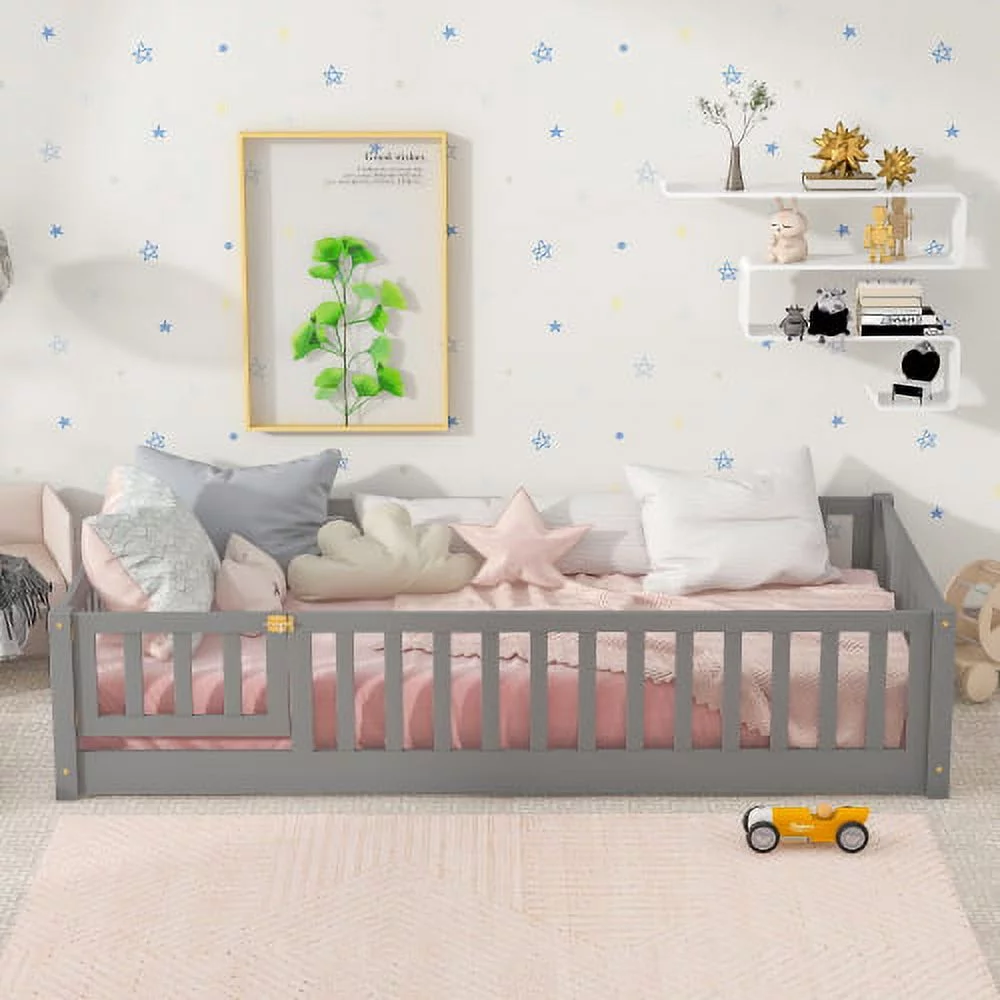 Twin Floor Bed Frame for Toddler, Montessori Floor Bed with Fence and Wood Slats, Low Wood Platform Beds for Girls Boys Kids Happy Time, White - Inhomebuy