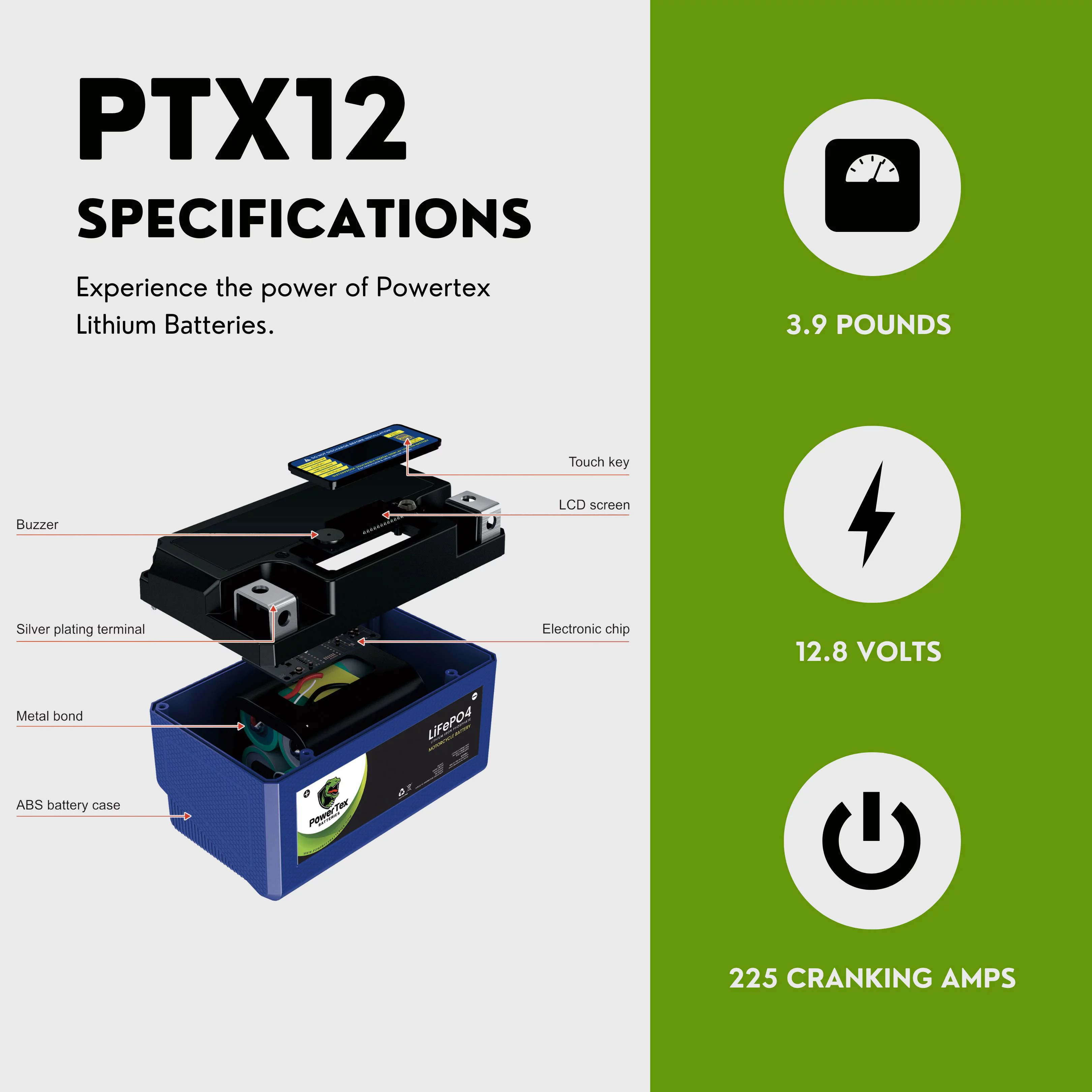 PowerTex Batteries YTX12-BS Lithium Iron Phosphate LiFePO4 Motorcycle Battery with 225 CA, Voltage Display, Lightweight, 5-10 Year Lifespan - Fast Charging SLA Drop-In Rechargeable Replacement - Inhomebuy