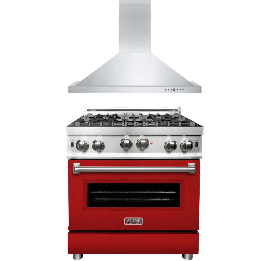 ZLINE 30 in. Gas Range with Red Matte Door & 30 in. Range Hood Appliance Package, 2KP-RGRMRH30 - Inhomebuy