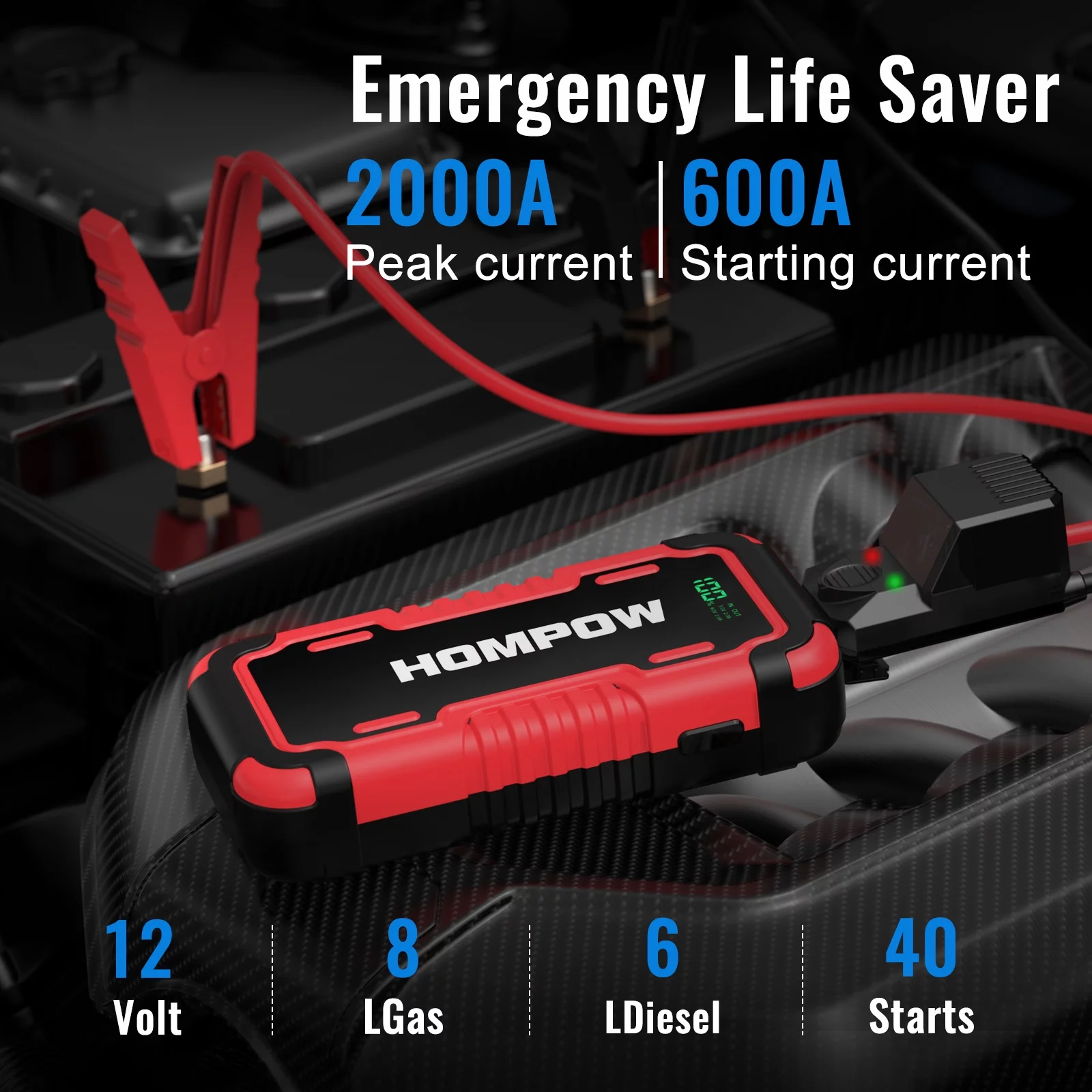 Car Jump Starter, HOMPOW 2000A Peak 18000mAh Lithium Jump Starter Battery Pack for up to 8L Gas or 6L Diesel Engine, Safe 12V Portable Battery Starter Power Pack with LED Screen & LED Light - Inhomebuy