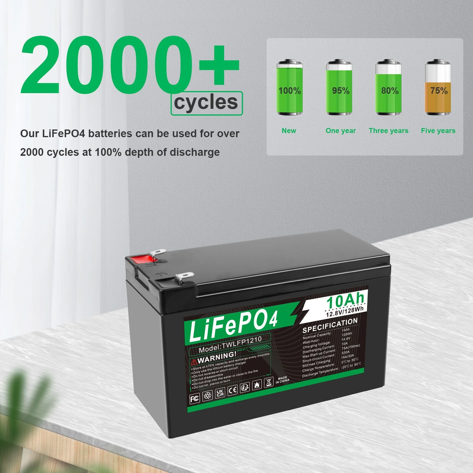 BMS LiFePO4 Battery 12V Lithium 10Ah 2000+ Deep Cycle for RV Boat Home Outdoor - Inhomebuy