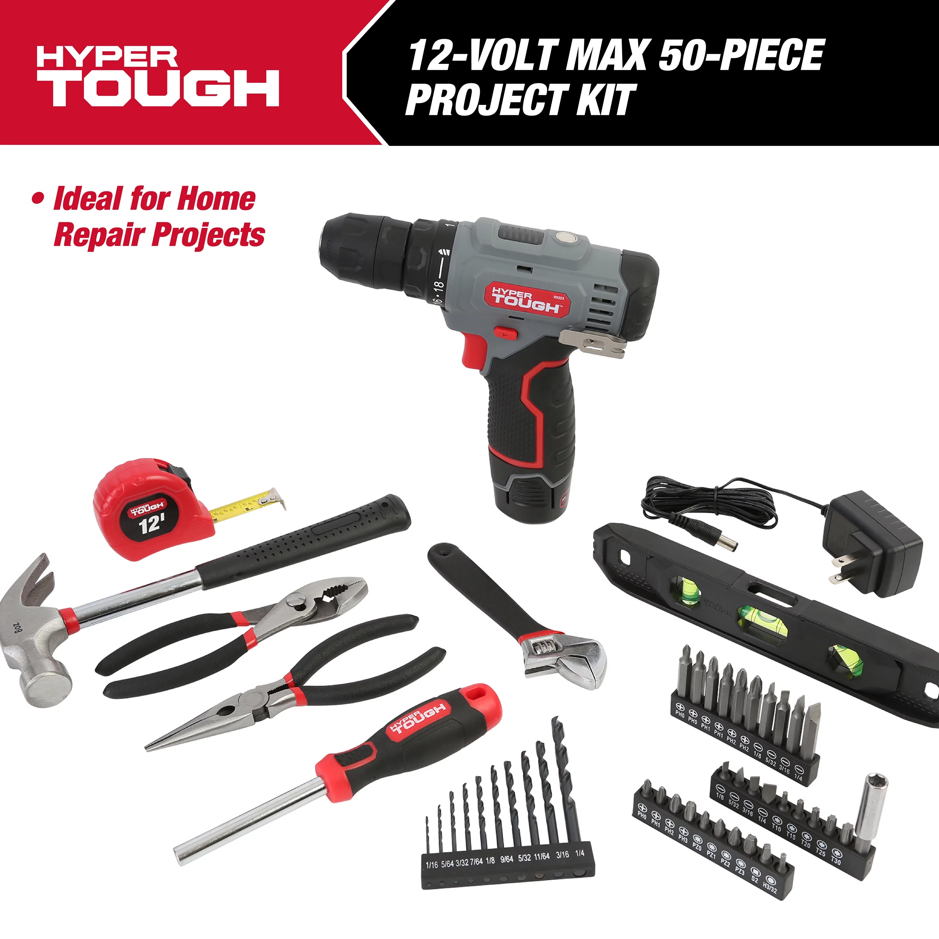 Hyper Tough 12V Max* Lithium-Ion Cordless 3/8-Inch Drill Driver 50-Piece Project Kit and 1.5Ah Battery, Gifts For Mom and Dad, Model 99312 - Inhomebuy