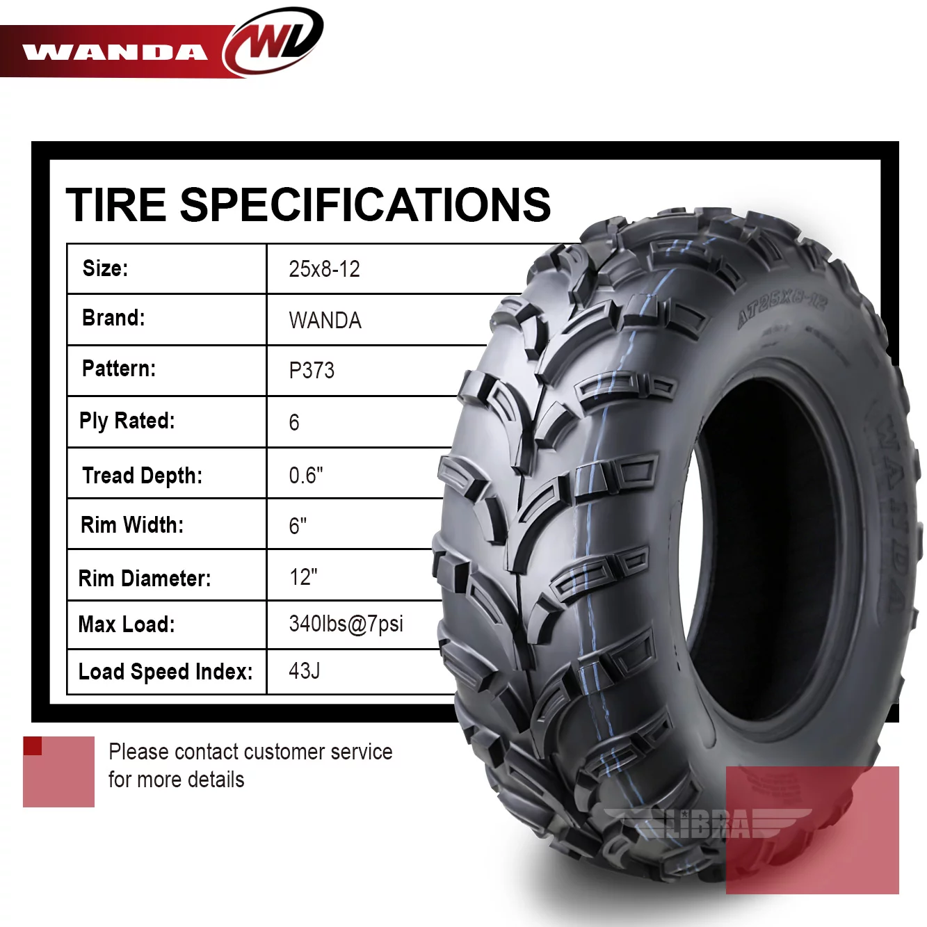 One New WANDA ATV Tire AT 25x8-12 25x8x12 /6PR P373 - 10243 - Inhomebuy