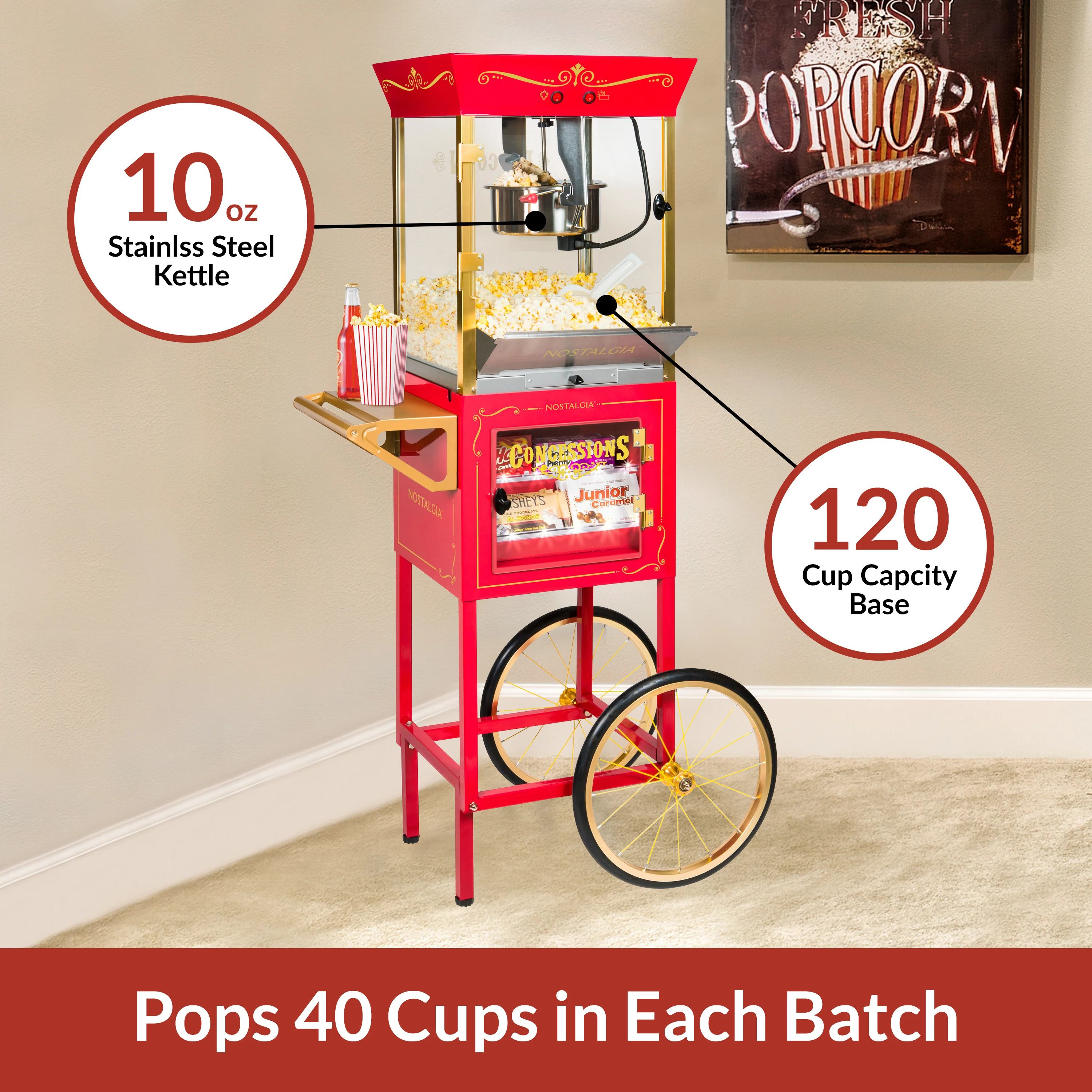Vintage New 10-Ounce Professional Popcorn & Concession Cart - 59 Inches Tall - Inhomebuy