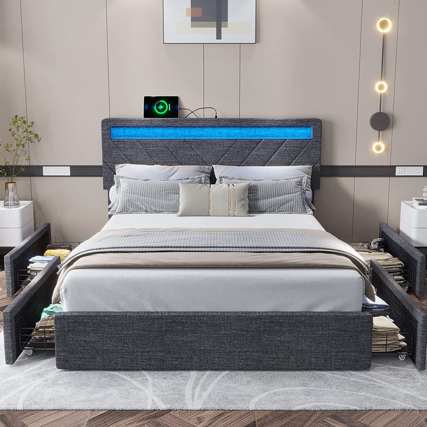 ADORNEVE Queen Size LED Bed Frame with Drawers, Upholstered Platform Bed with 2 USB Charging Station, No Box Spring Needed, Light Grey - Inhomebuy