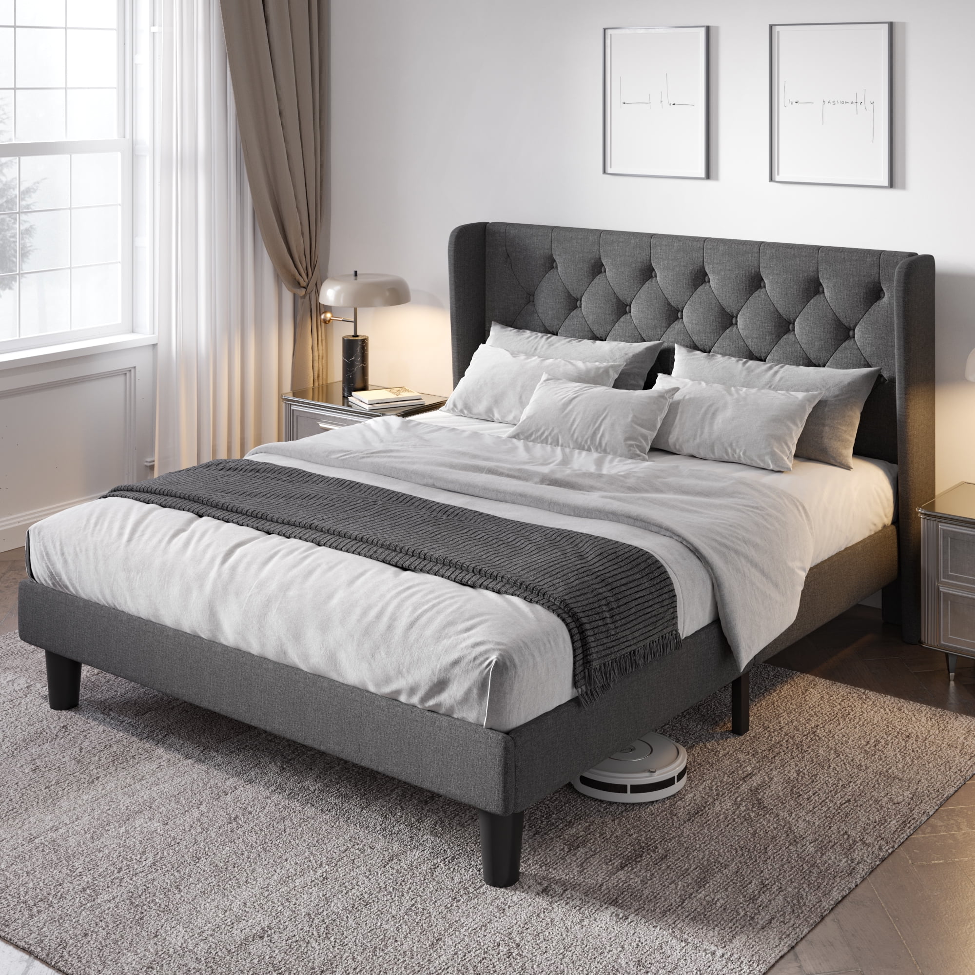 Allewie Queen Size Upholstered Platform Bed Frame with Wingback and Button Tufted Headboard, Dark Grey - Inhomebuy
