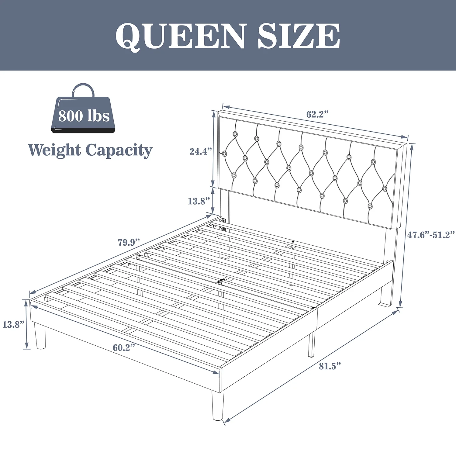 Allewie Queen Size Bed Frame Upholstered Platform Bed with Adjustable Headboard, Box Spring not Needed, Dark Grey - Inhomebuy