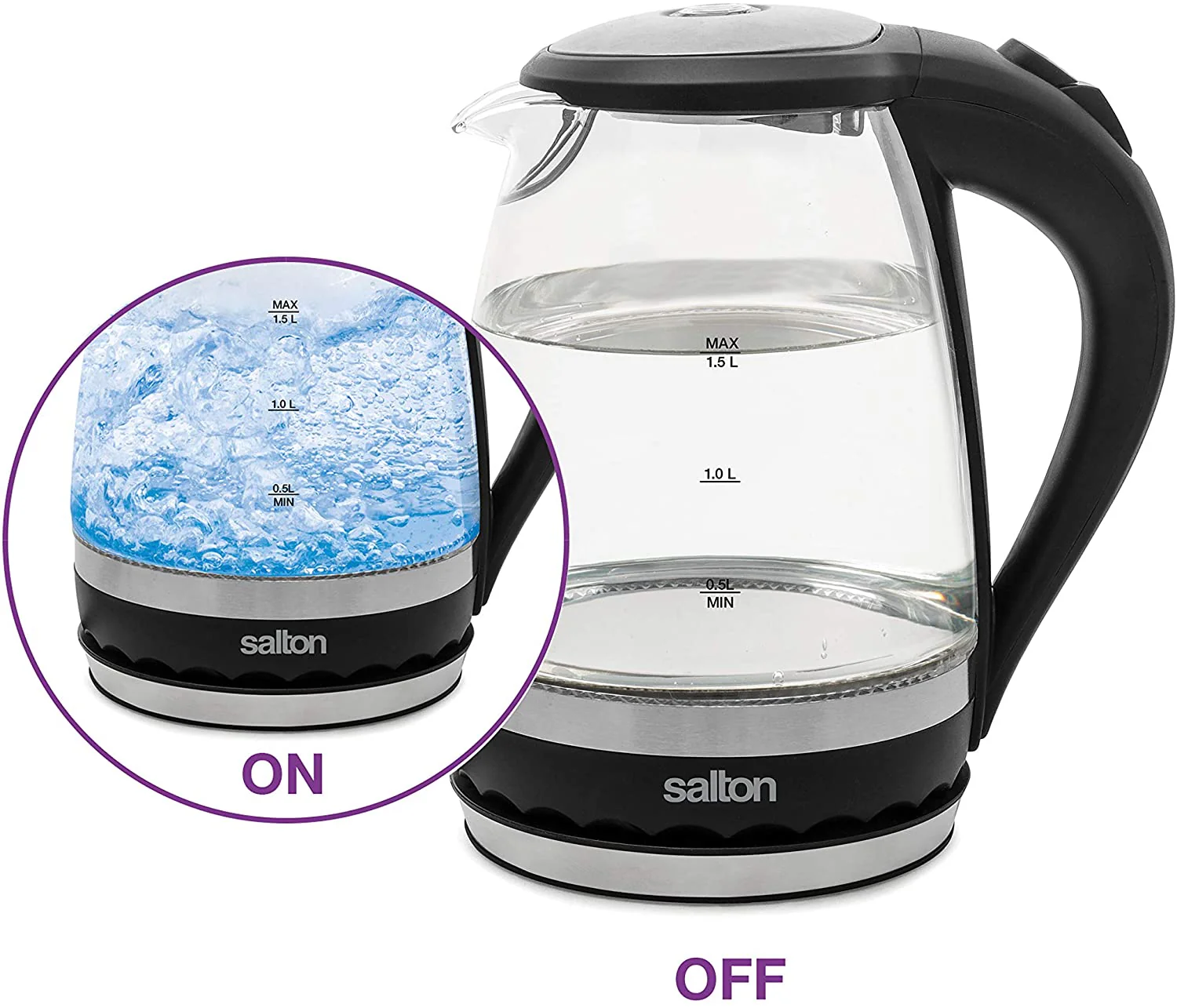 Salton cordless Kettle: 1.5L, 1100W, glass body w/black trim | GK-1831 - Inhomebuy
