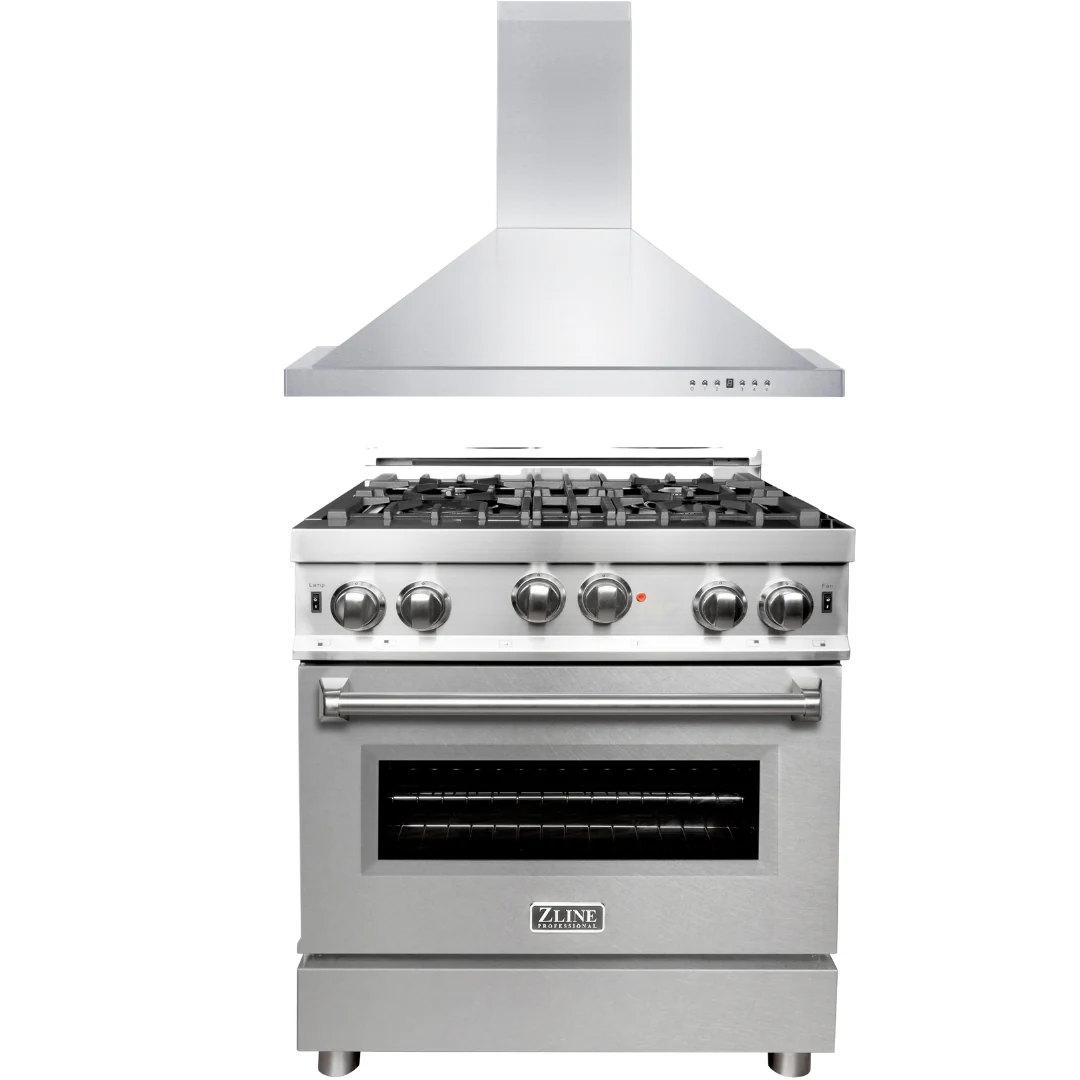 ZLINE 30 in. Gas Range with DuraSnow®Door & 30 in. Range Hood Appliance Package, 2KP-RGSNRH30 - Inhomebuy
